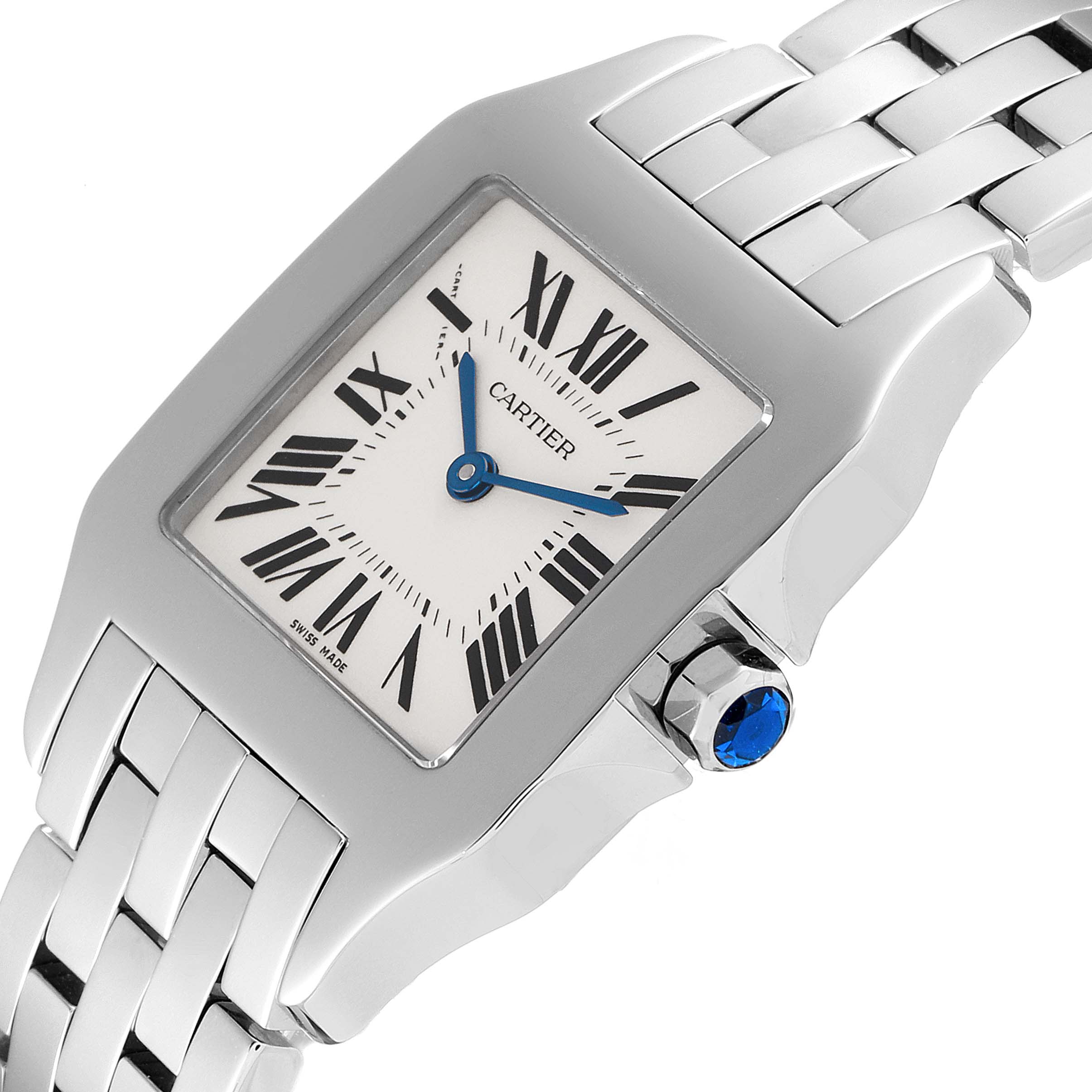 The image shows a close-up angle of the Cartier Santos Demoiselle W25065Z5 Women
s Stainless Steel Silver Dial W25065Z5 Women
s Stainless Steel Silver Dial watch, highlighting its face, crown with a blue gemstone, and part of the bracelet.