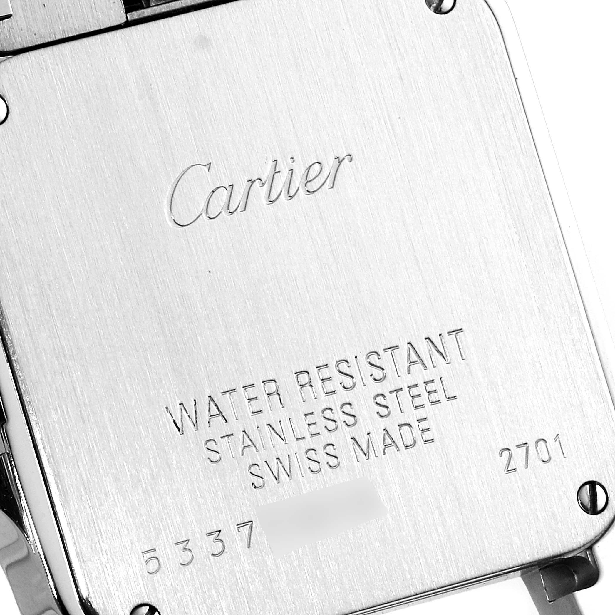 This image shows the back case of a Cartier Santos Demoiselle W25065Z5 Women
s Stainless Steel Silver Dial W25065Z5 Women
s Stainless Steel Silver Dial watch, displaying the brand engraving and water resistance information.