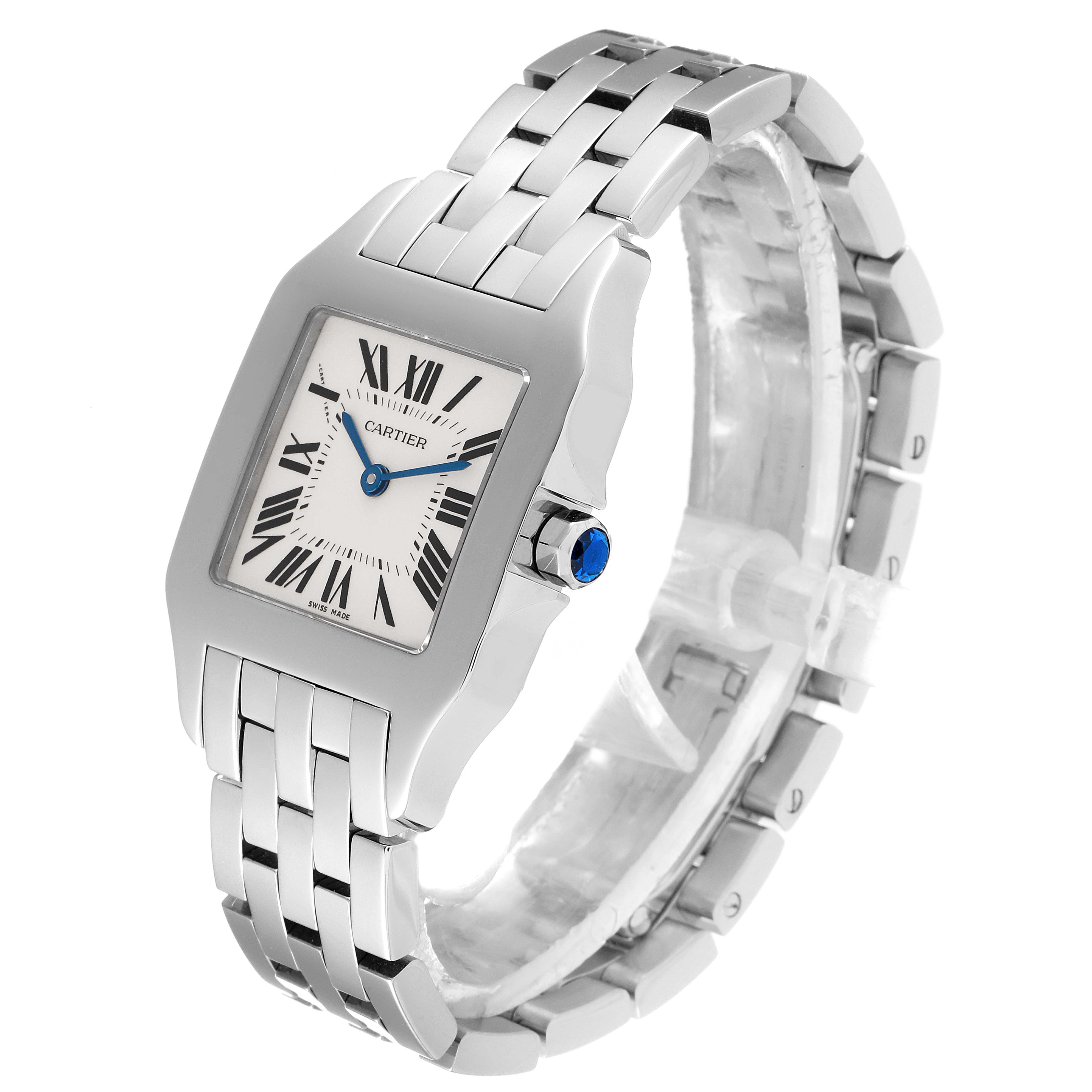The image shows a Cartier Santos Demoiselle W25065Z5 Women
s Stainless Steel Silver Dial W25065Z5 Women
s Stainless Steel Silver Dial watch from an angled perspective, highlighting the face, crown, and bracelet.