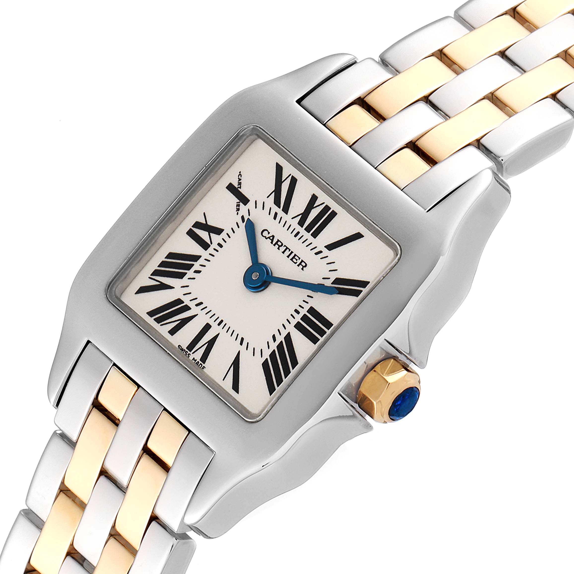 This image shows a tilted top angle of the Cartier Santos Demoiselle W25066Z6 Women
s Stainless Steel Silver Dial W25066Z6 Women
s Stainless Steel Silver Dial watch, highlighting the face, bezel, and part of the band.