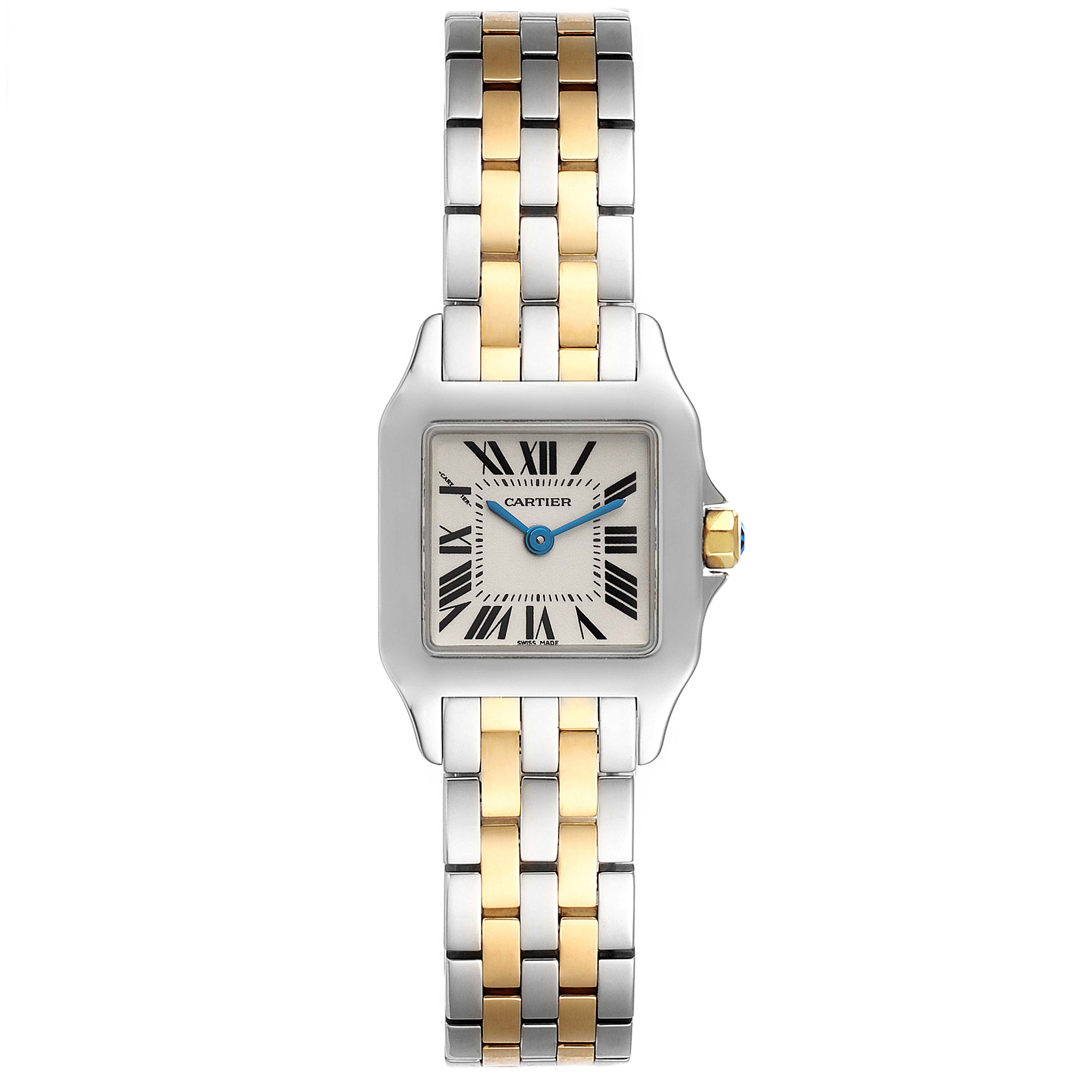 The Cartier Santos Demoiselle W25066Z6 Women
s Stainless Steel Silver Dial W25066Z6 Women
s Stainless Steel Silver Dial watch is shown from a top-down angle, displaying its two-tone metal bracelet and square face.
