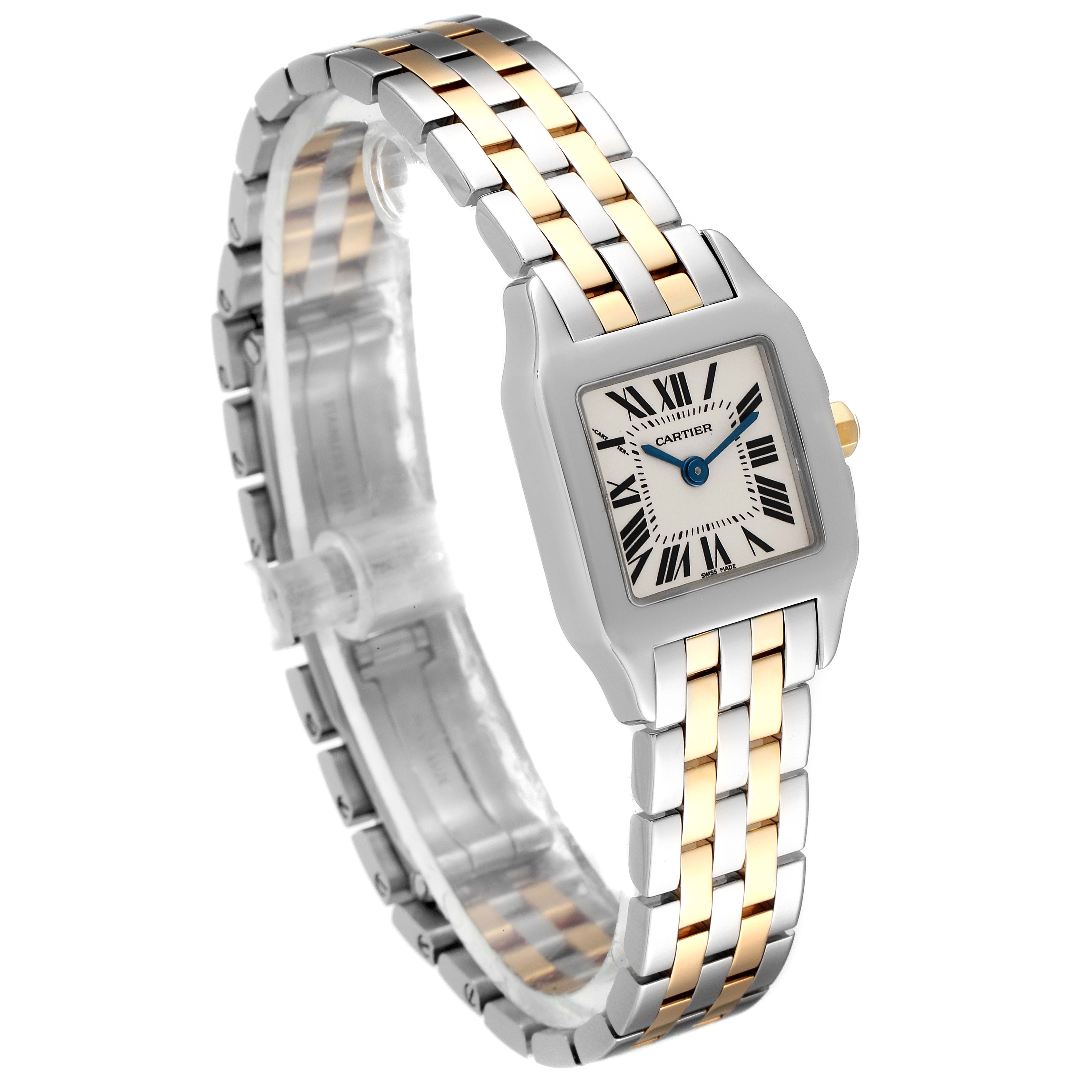 This is a front-angled view of the Cartier Santos Demoiselle W25066Z6 Women
s Stainless Steel Silver Dial W25066Z6 Women
s Stainless Steel Silver Dial watch, showing the face, bezel, and two-tone bracelet.