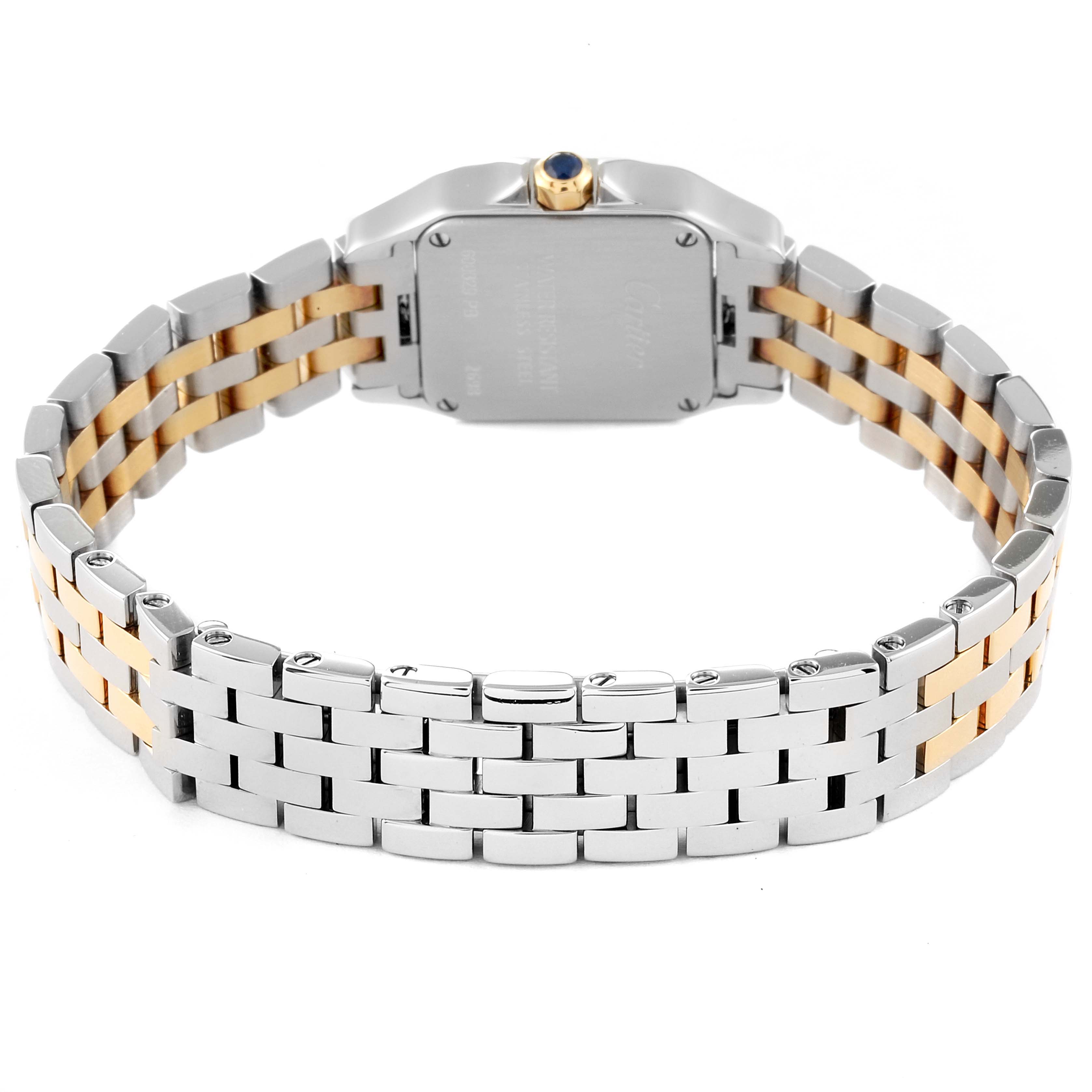This image shows the back and bracelet of a Cartier Santos Demoiselle W25066Z6 Women
s Stainless Steel Silver Dial W25066Z6 Women
s Stainless Steel Silver Dial watch, featuring a two-tone metal design.