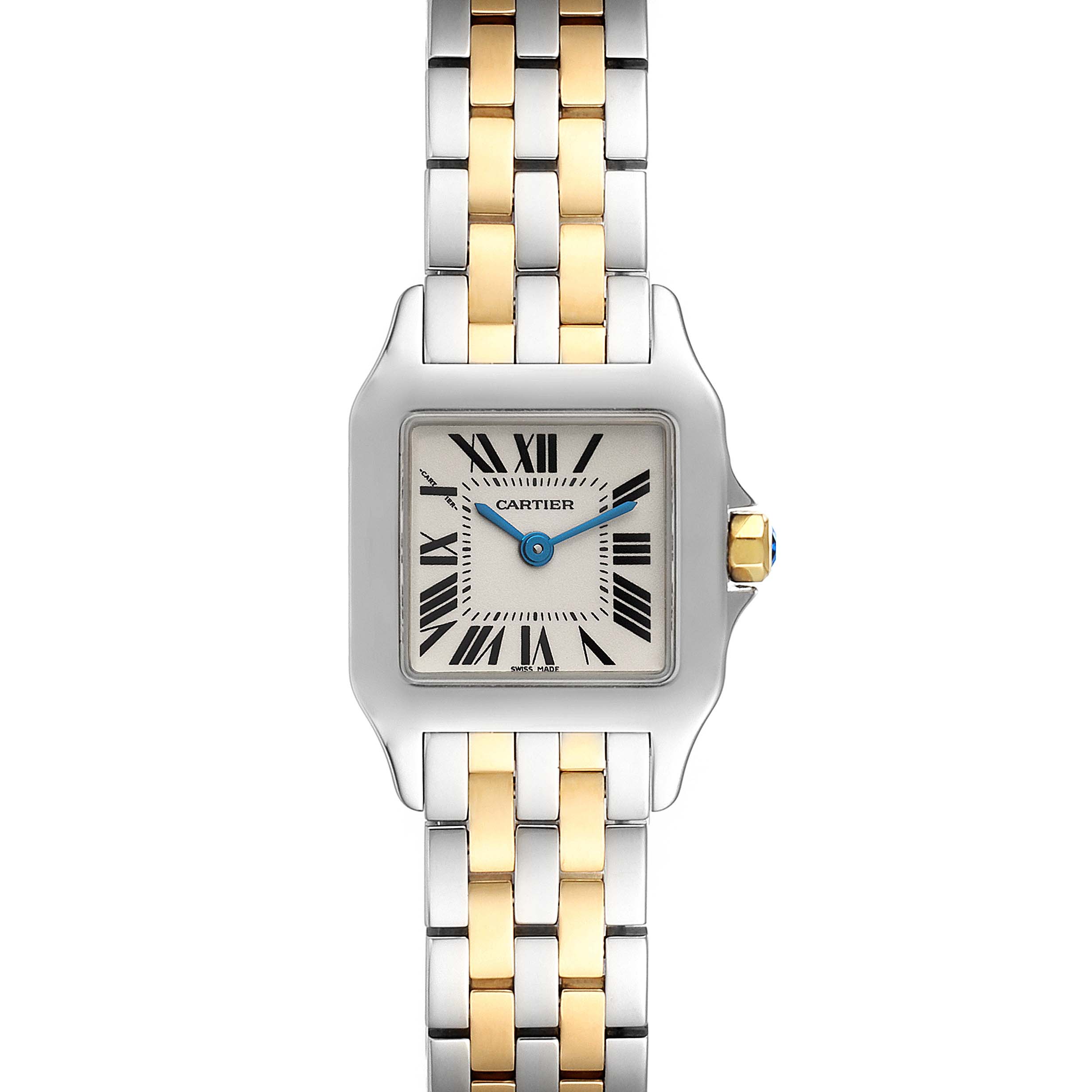 This image shows a frontal view of the Cartier Santos Demoiselle W25066Z6 Women
s Stainless Steel Silver Dial W25066Z6 Women
s Stainless Steel Silver Dial watch, highlighting the face and part of the bracelet.