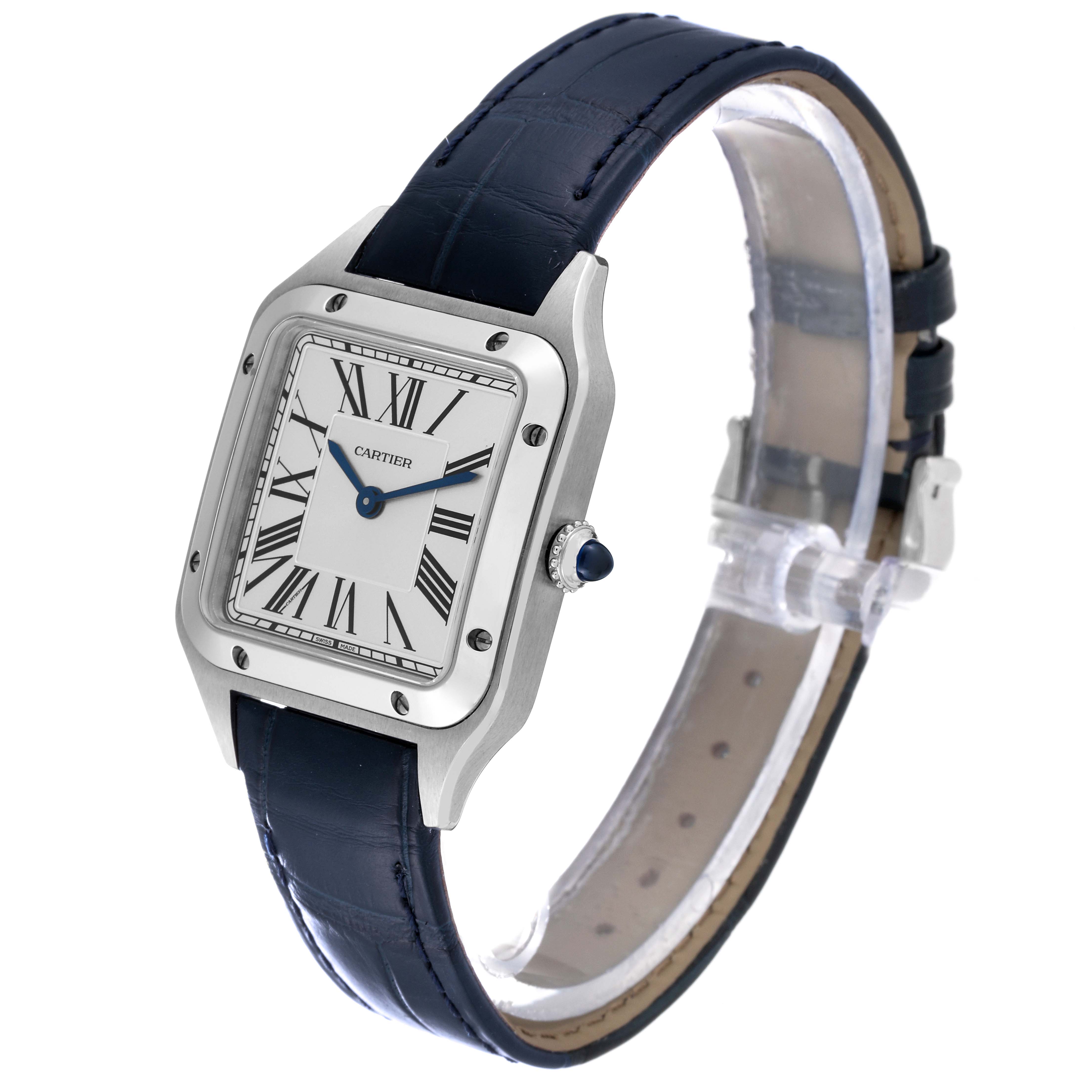 The image shows a tilted, side-view angle of the Cartier Santos WSSA0023 Women's Stainless Steel Silver Dial WSSA0023 Women's Stainless Steel Silver Dial watch, displaying its face, bezel, crown, and strap.