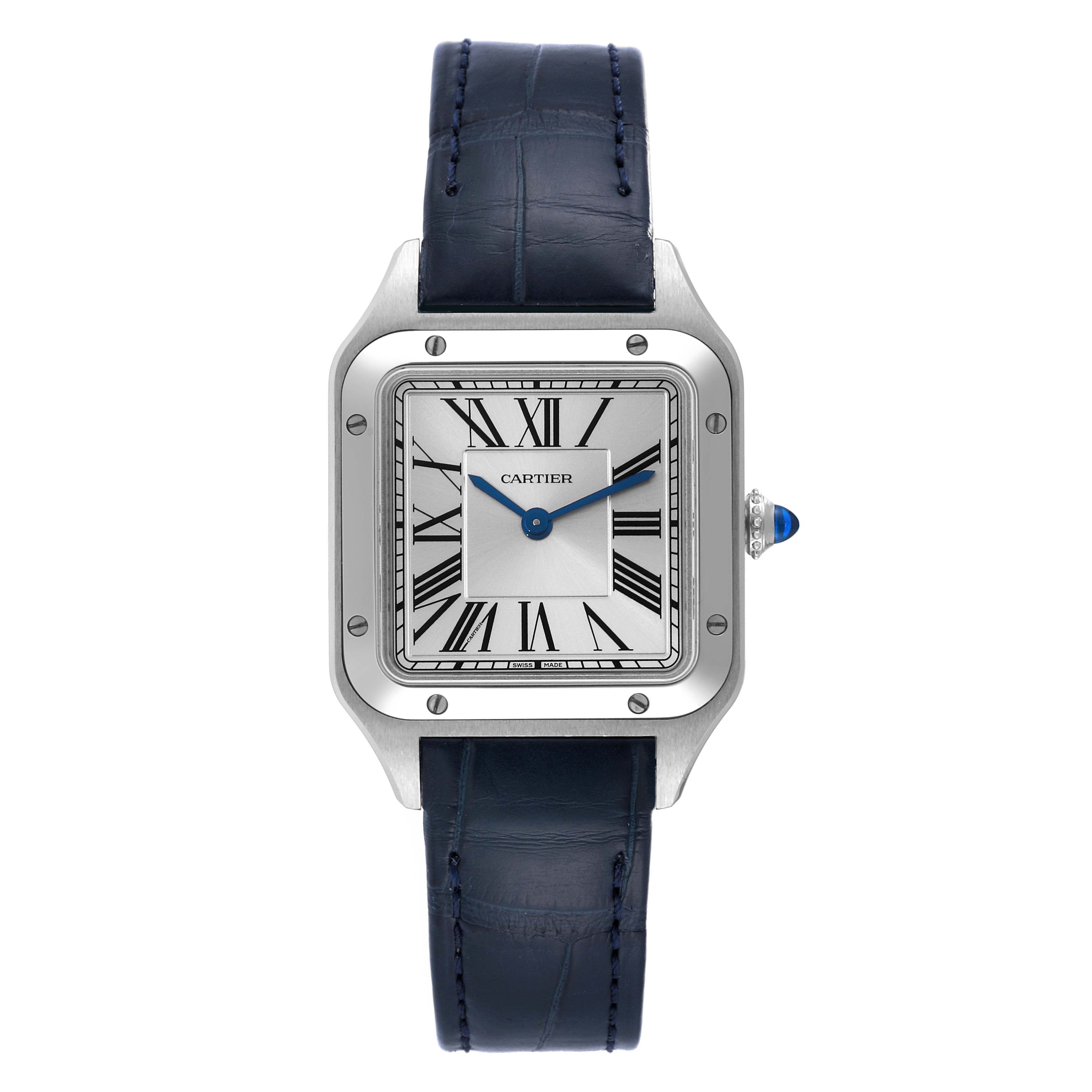 The image shows a Cartier Santos WSSA0023 Women's Stainless Steel Silver Dial WSSA0023 Women's Stainless Steel Silver Dial watch, viewed from the front, displaying the dial, case, bezel, and blue leather strap.