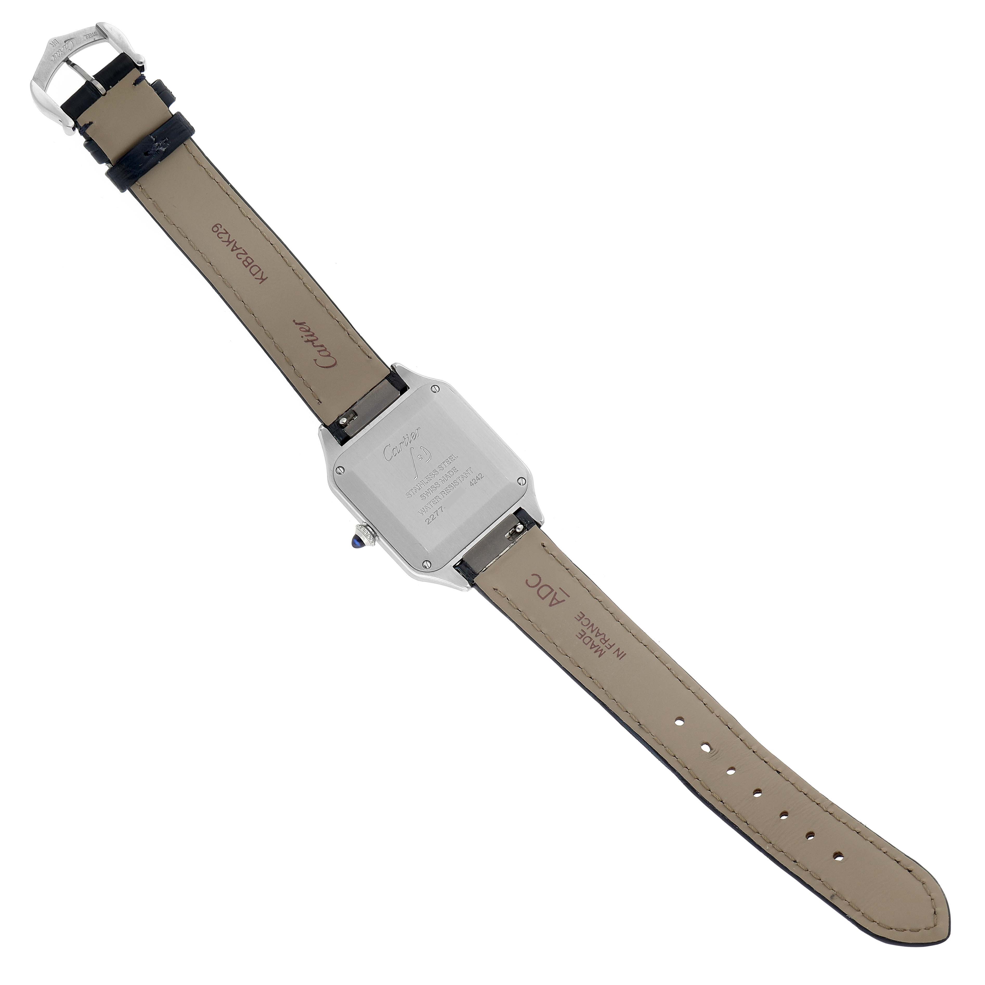 This image shows the back view of the Santos model by Cartier, displaying its case back and leather straps.