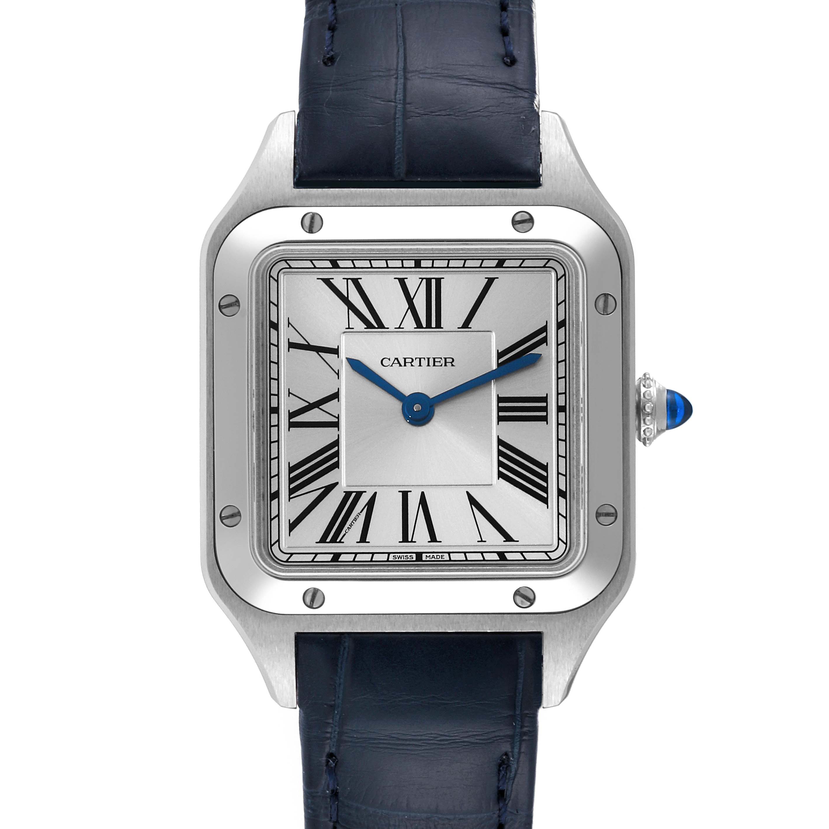 The image shows a Cartier Santos WSSA0023 Women's Stainless Steel Silver Dial WSSA0023 Women's Stainless Steel Silver Dial watch face and top of the blue leather strap viewed from the front.