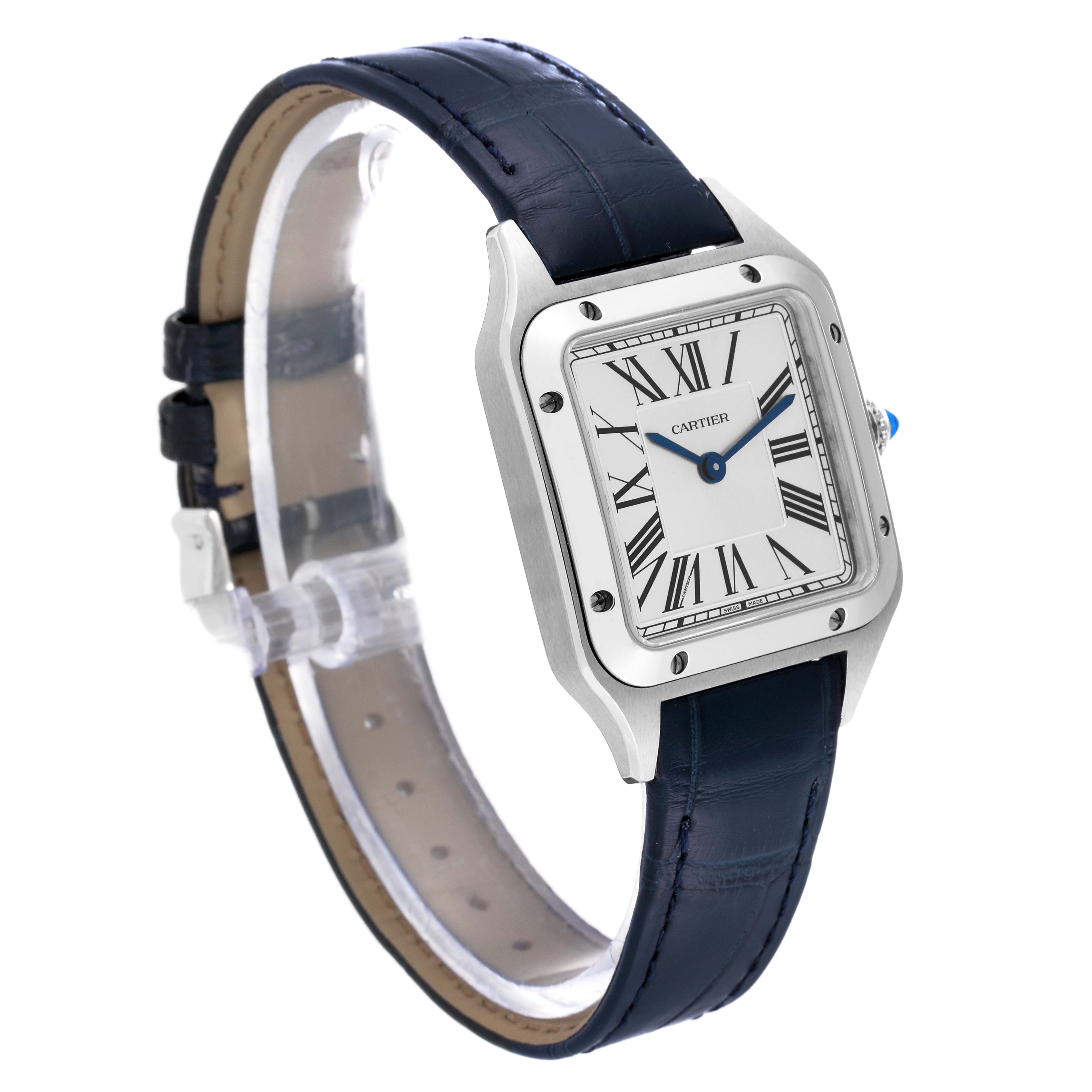 The image shows an angled front view of the Cartier Santos WSSA0023 Women's Stainless Steel Silver Dial WSSA0023 Women's Stainless Steel Silver Dial watch, highlighting its face, bezel, and leather strap.