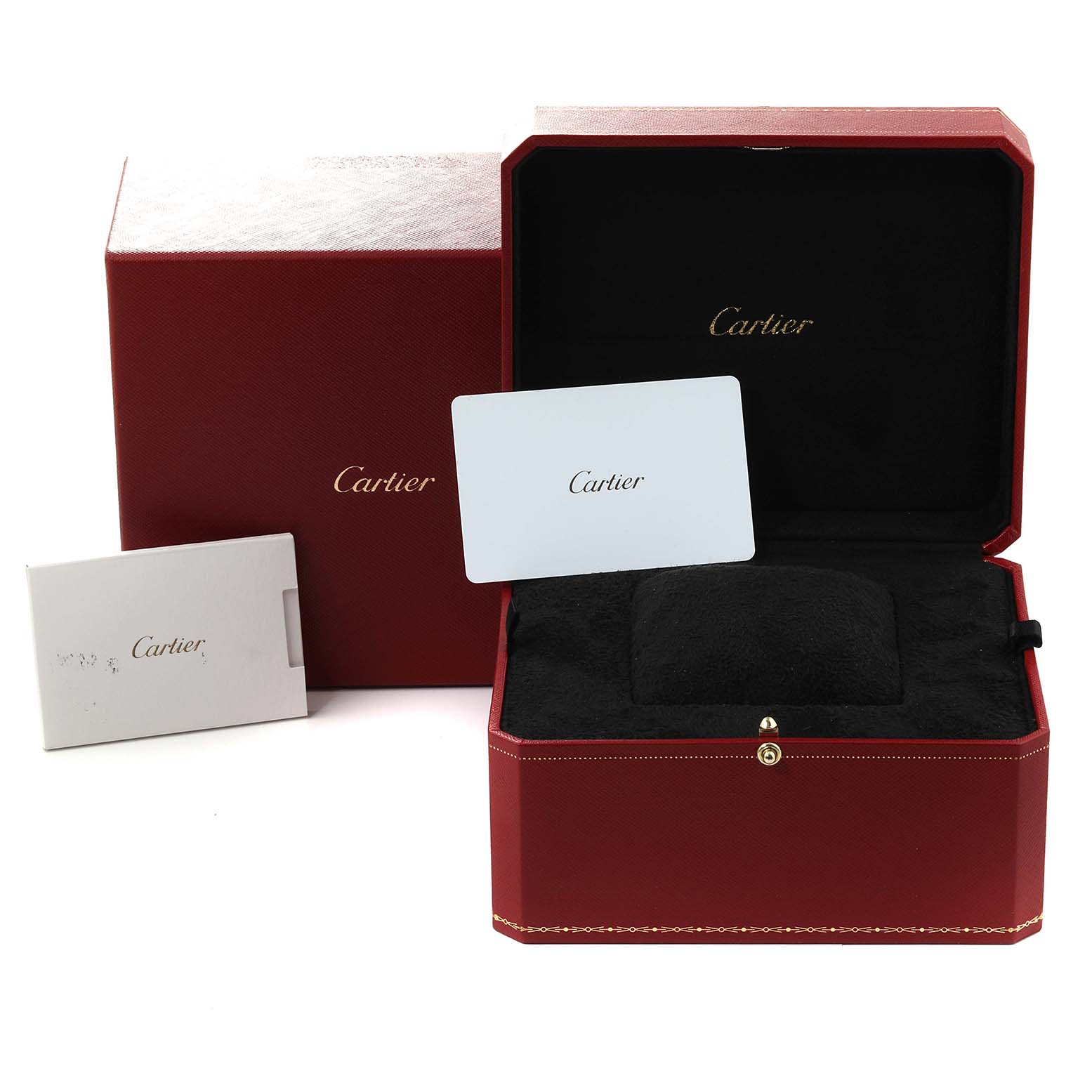 The image shows an open Santos de Cartier watch box with black interior and accompanying certificates.