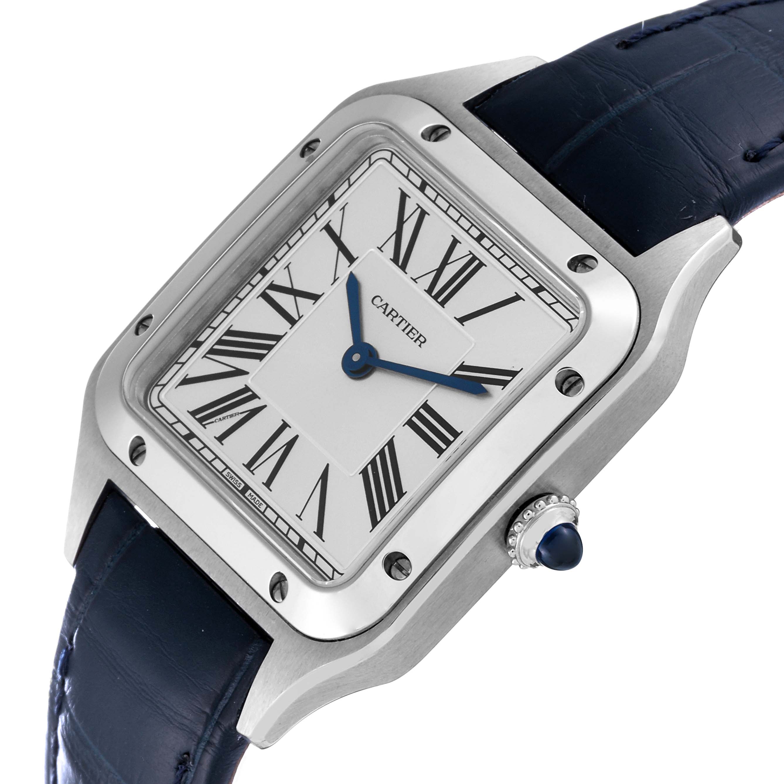 The Cartier Santos WSSA0023 Women's Stainless Steel Silver Dial WSSA0023 Women's Stainless Steel Silver Dial watch is shown at an angle revealing the dial, bezel, crown, and partial leather strap.