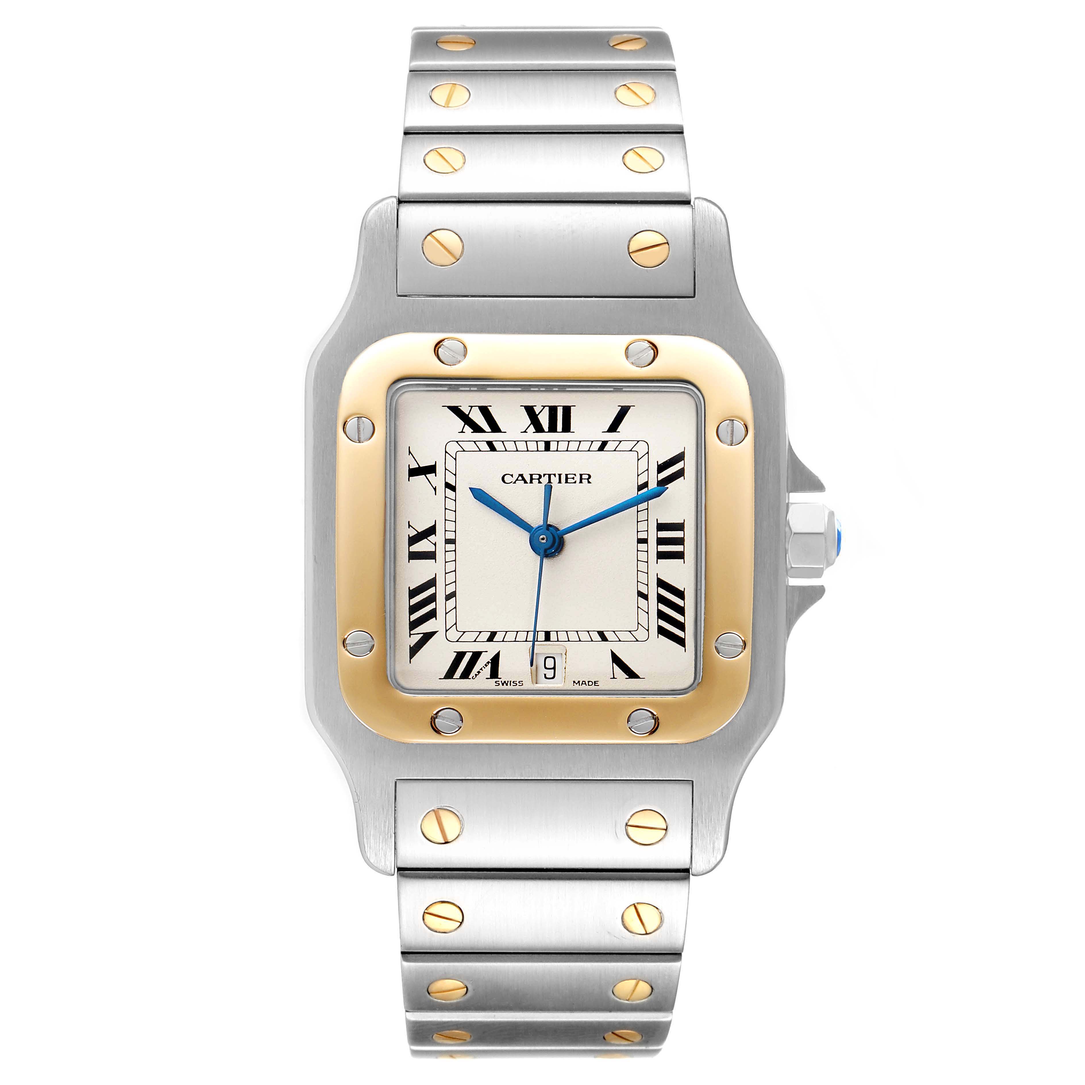 This image shows a front view of the Cartier Santos 187901 Men
s Steel and Gold (two tone) Silver Dial 187901 Men
s Steel and Gold (two tone) Silver Dial watch, displaying the face, bezel, and part of the bracelet.