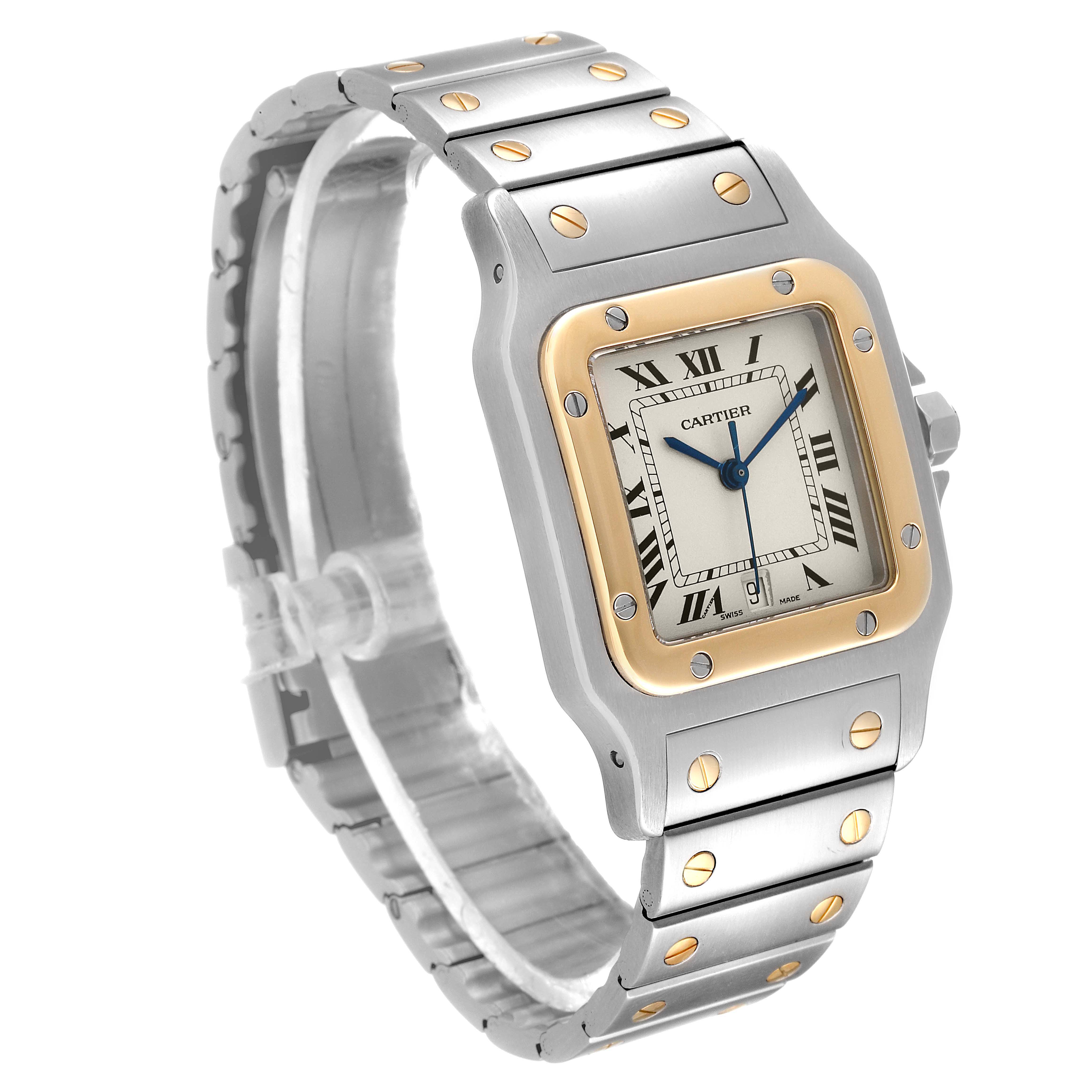 The image shows a Cartier Santos 187901 Men
s Steel and Gold (two tone) Silver Dial 187901 Men
s Steel and Gold (two tone) Silver Dial watch at a three-quarter angle, displaying the face, bezel, and part of the bracelet.