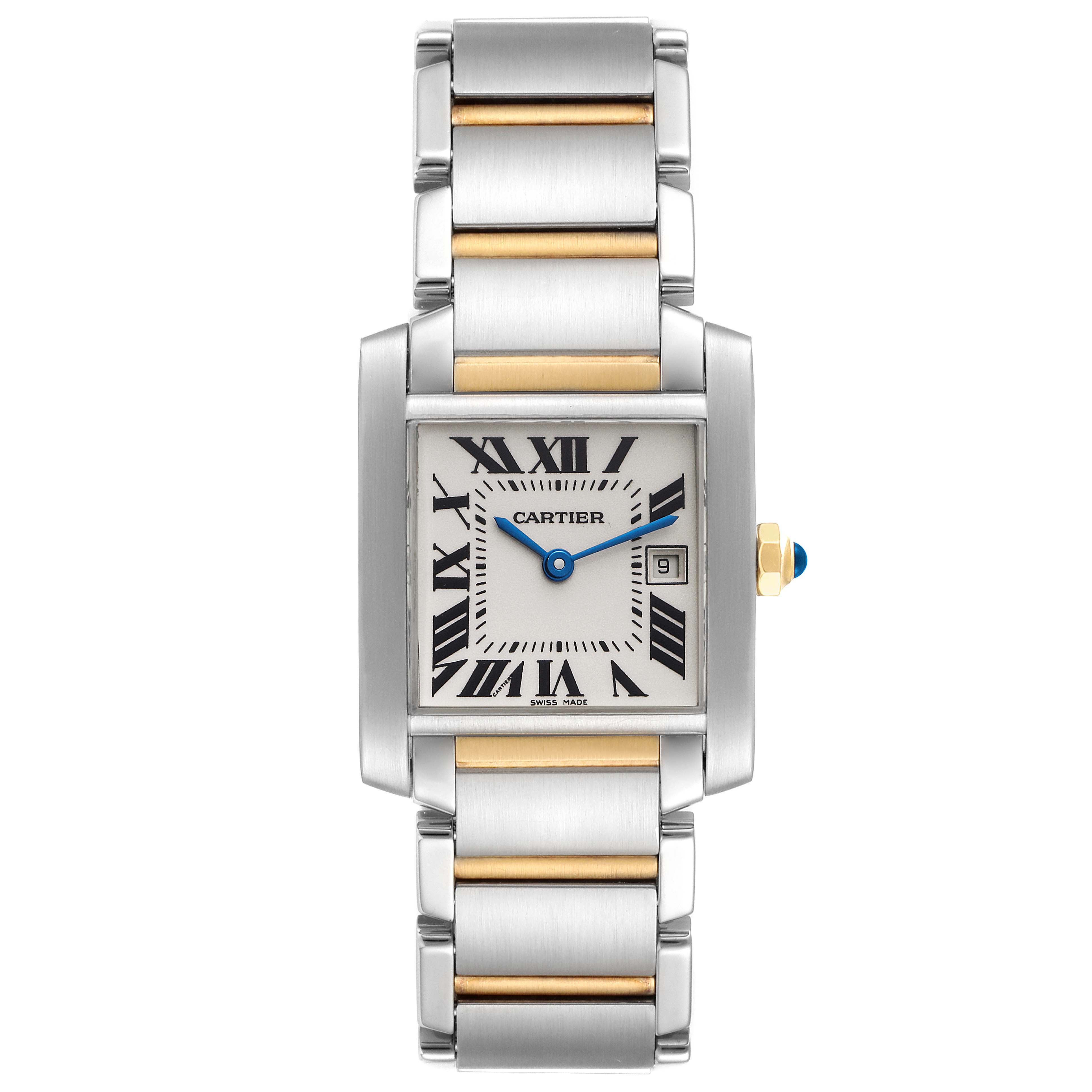 This image shows a top view of the Cartier Tank Francaise W51012Q4 Women's Steel and Gold (two tone) Silver Dial W51012Q4 Women's Steel and Gold (two tone) Silver Dial watch, highlighting its face, bracelet, and crown.