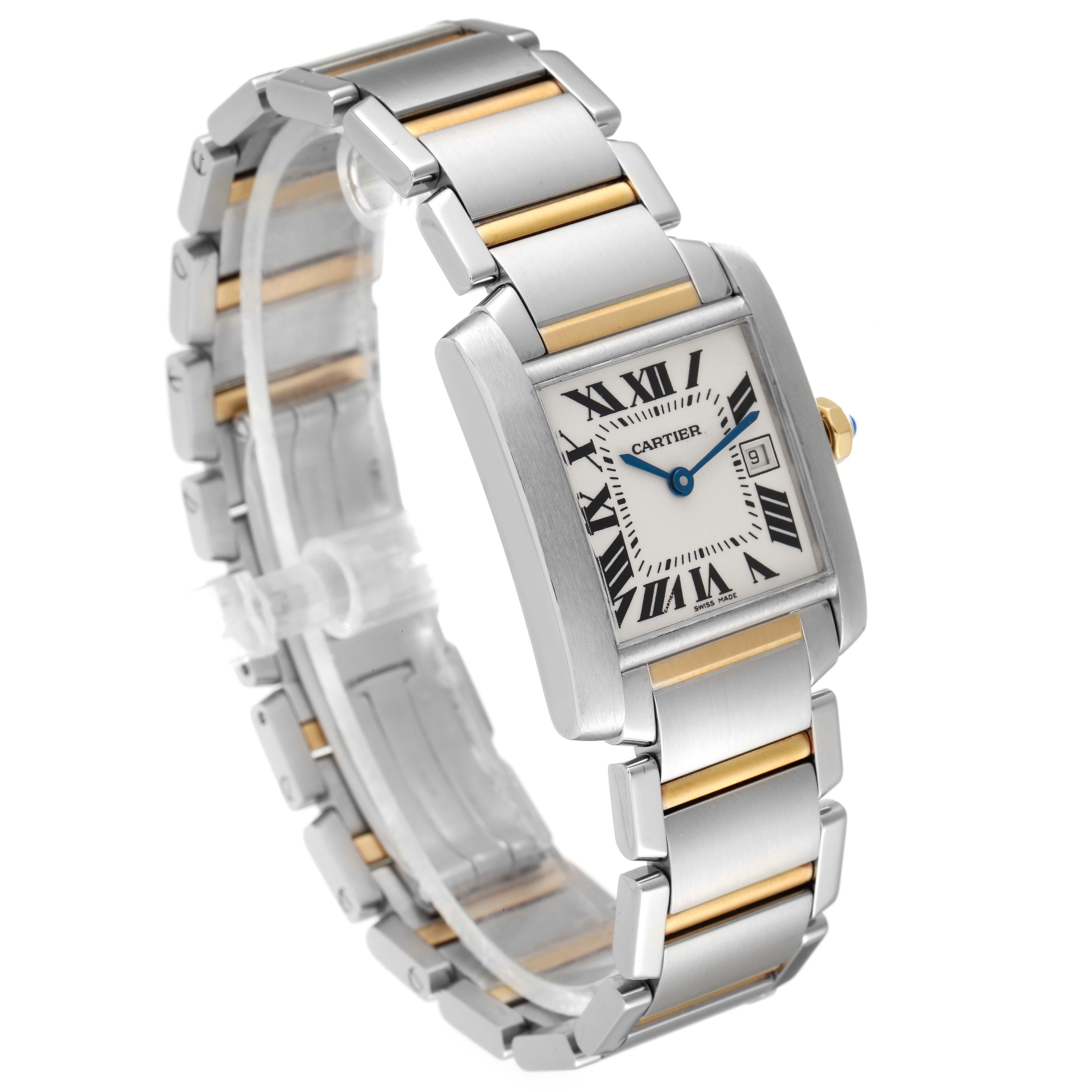 The Cartier Tank Francaise W51012Q4 Women's Steel and Gold (two tone) Silver Dial W51012Q4 Women's Steel and Gold (two tone) Silver Dial watch is shown at a three-quarter angle, highlighting its bracelet, rectangular face, and Roman numeral dial.