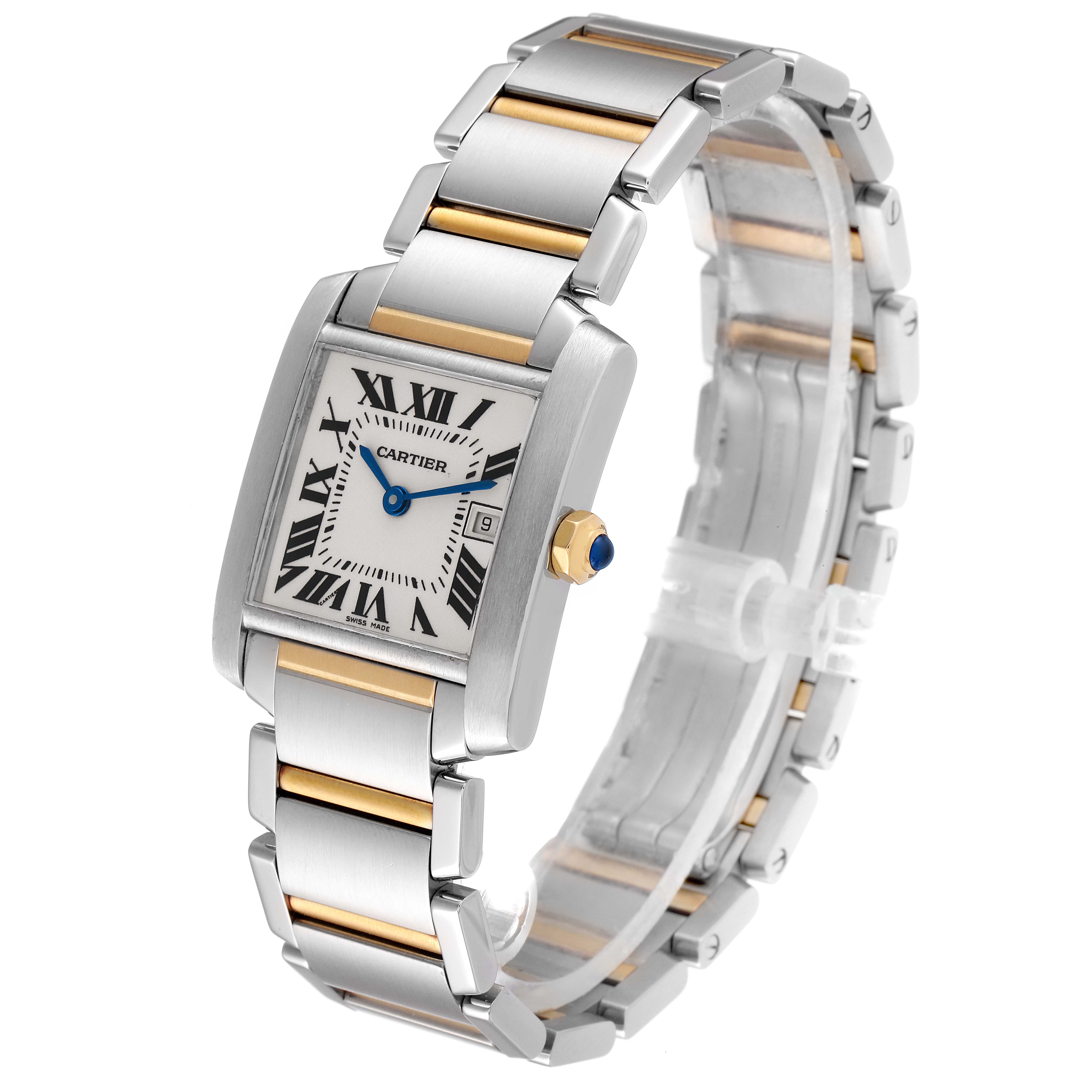 This image shows a Cartier Tank Française watch angled to display the face, bezel, crown, and bracelet.