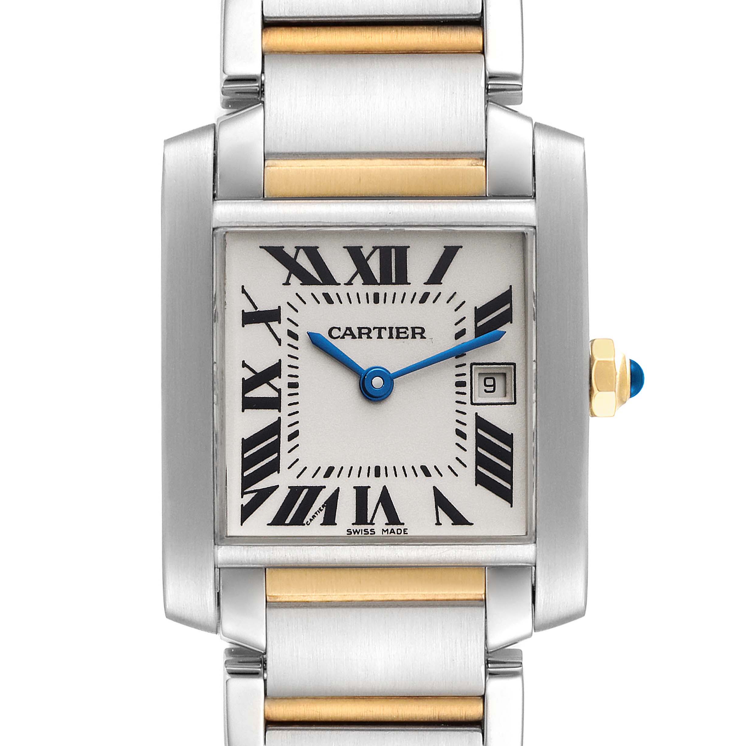 The image shows a frontal view of the Cartier Tank Française watch, highlighting the dial, hands, bracelet, and crown.