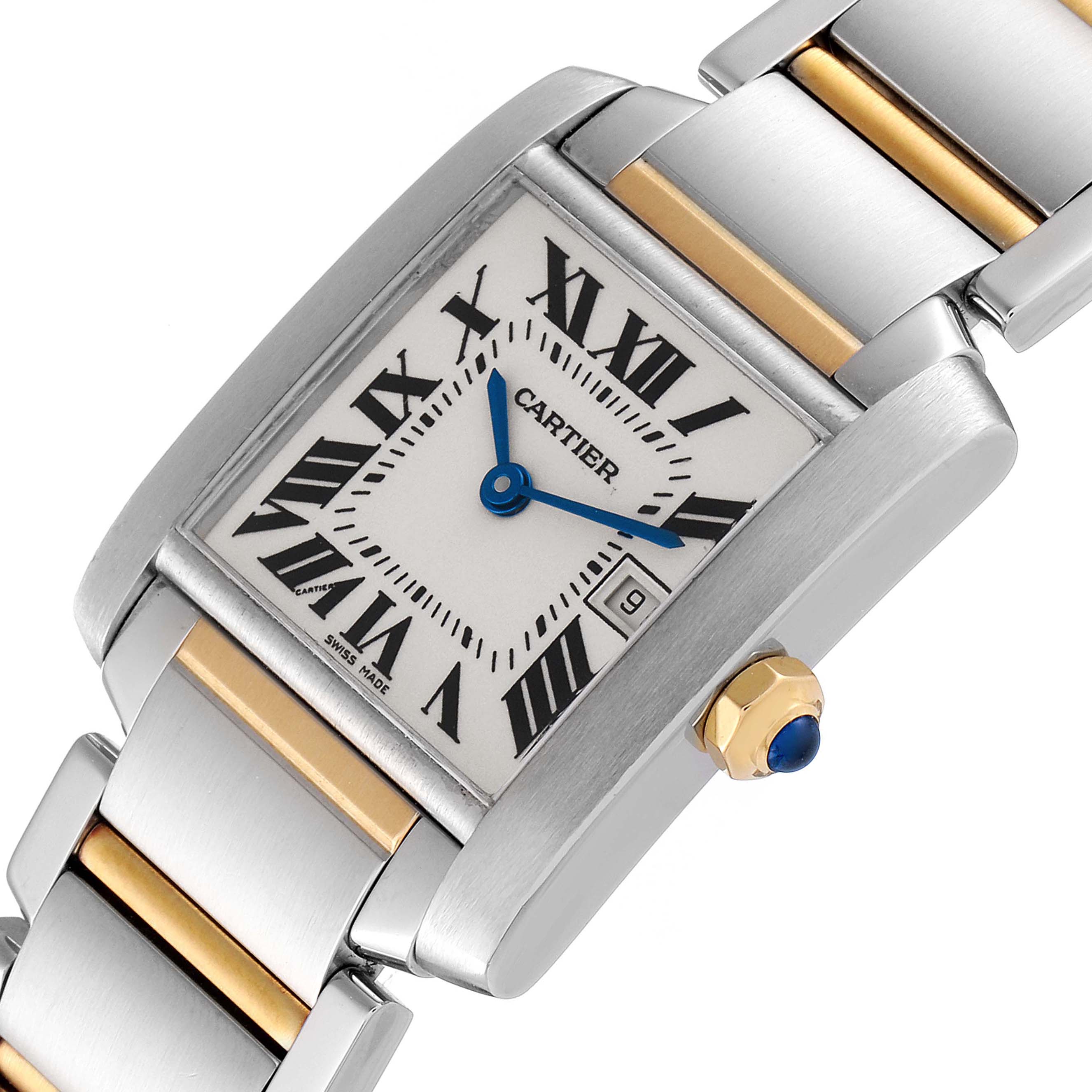 The image shows a close-up of the face and part of the bracelet of the Cartier Tank Française watch, highlighting its Roman numerals and date window.