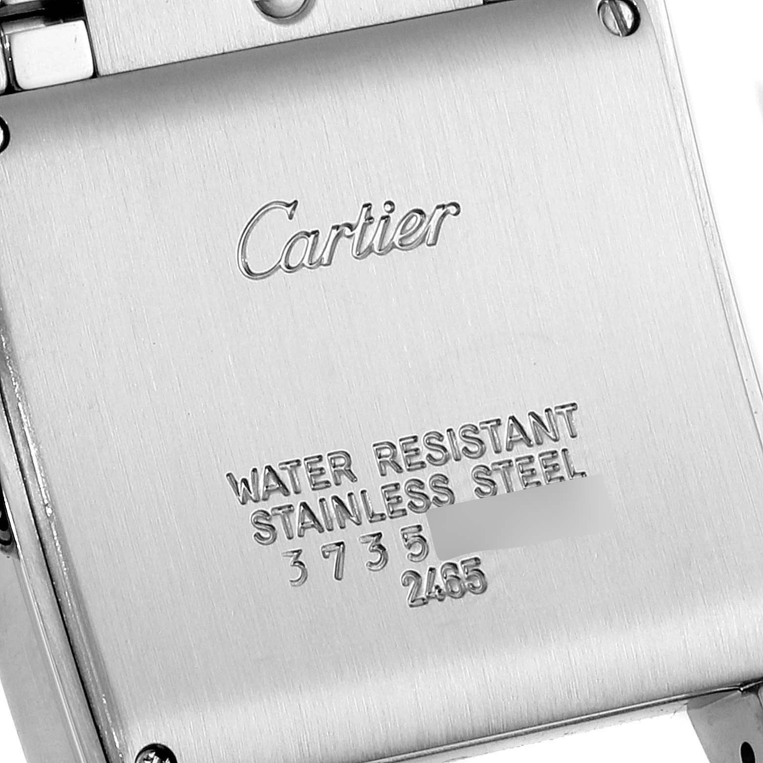 This image shows the back casing of a Cartier Tank Francaise W51012Q4 Women's Steel and Gold (two tone) Silver Dial W51012Q4 Women's Steel and Gold (two tone) Silver Dial watch, highlighting its water resistance and stainless steel features.