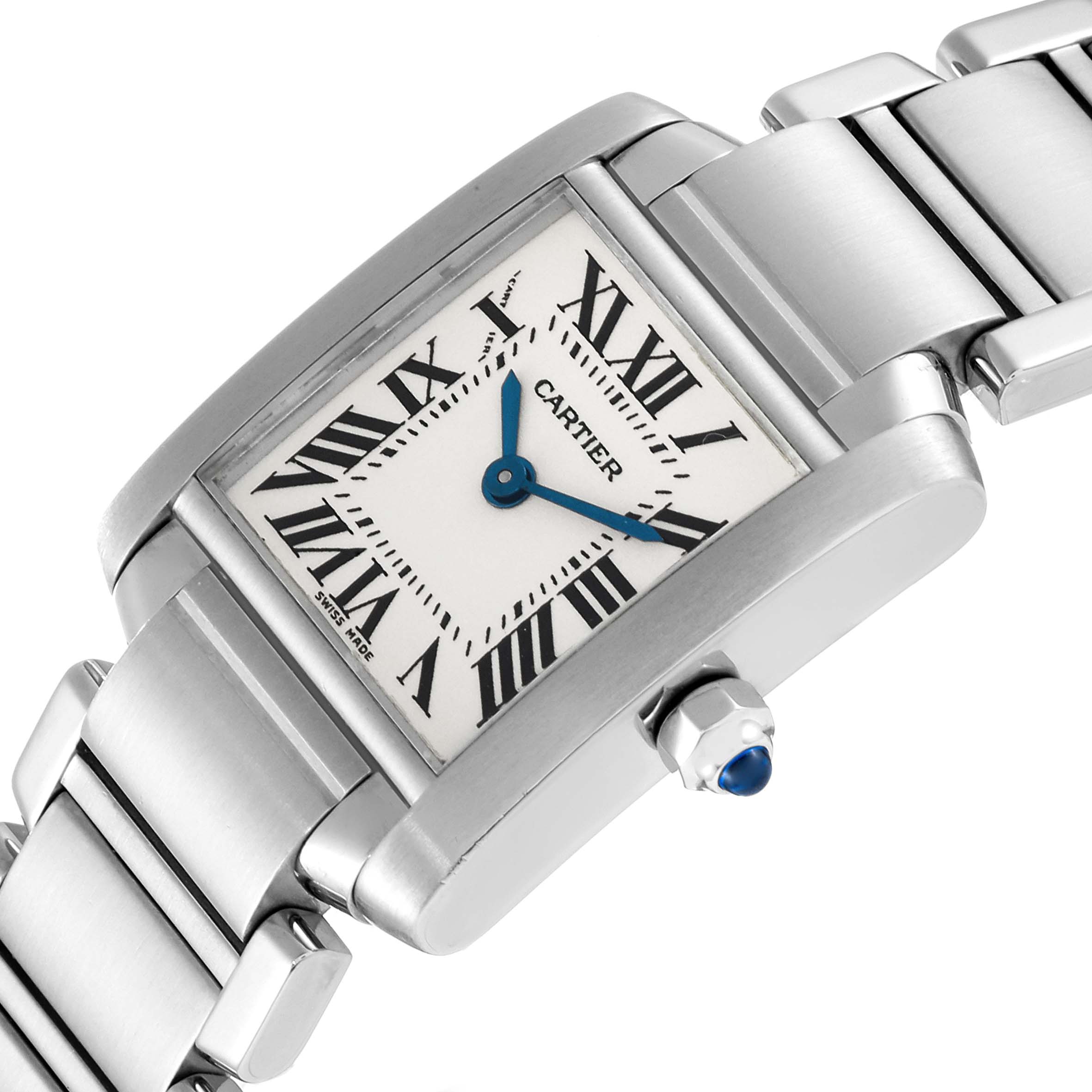 This image shows a tilted close-up angle of the Cartier Tank Francaise W51008Q3 Women's Stainless Steel Silver Dial W51008Q3 Women's Stainless Steel Silver Dial watch, focusing on the face, bezel, crown, and part of the bracelet.