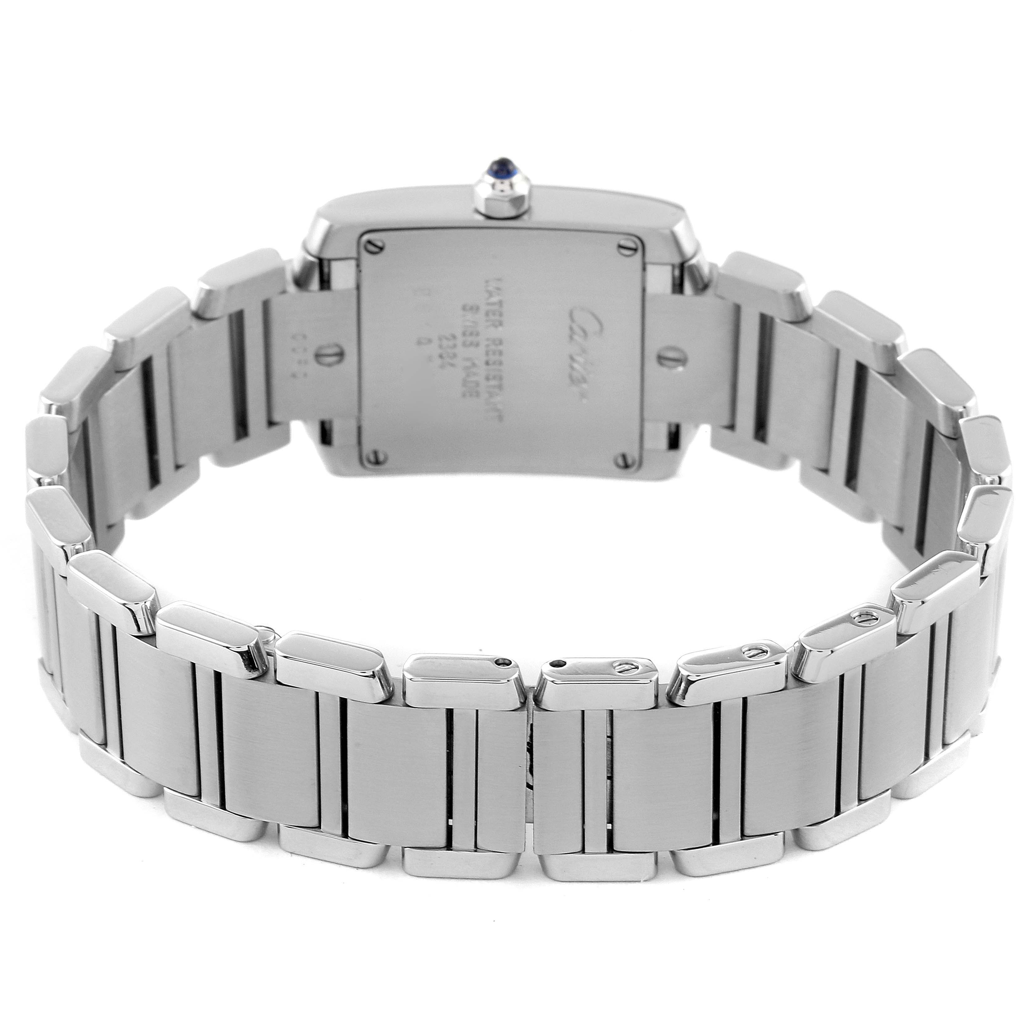 The image shows the back case and bracelet of a Cartier Tank Française watch from a rear angle.