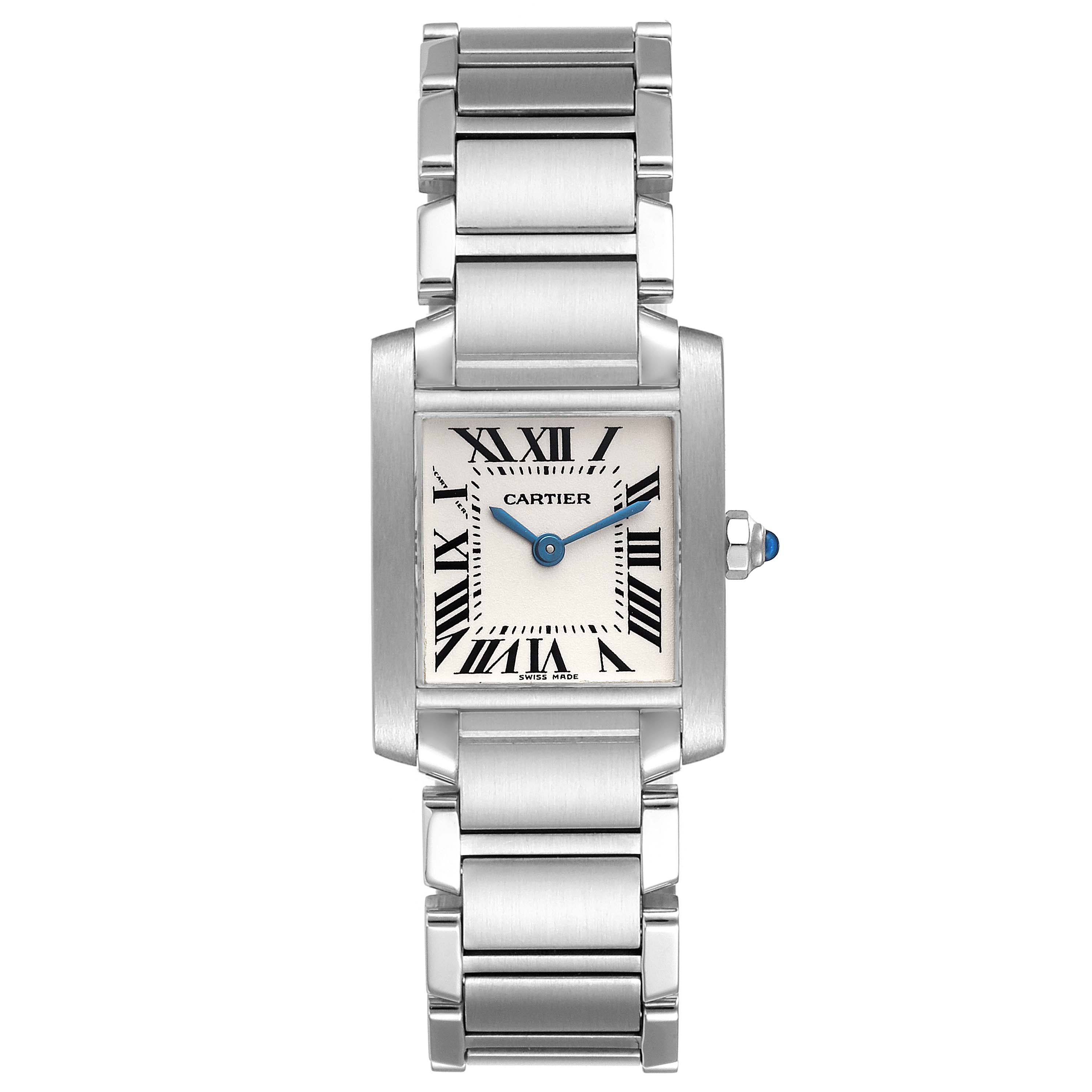 The image shows a Cartier Tank Francaise W51008Q3 Women's Stainless Steel Silver Dial W51008Q3 Women's Stainless Steel Silver Dial watch with a square face and metal bracelet, viewed from the front.