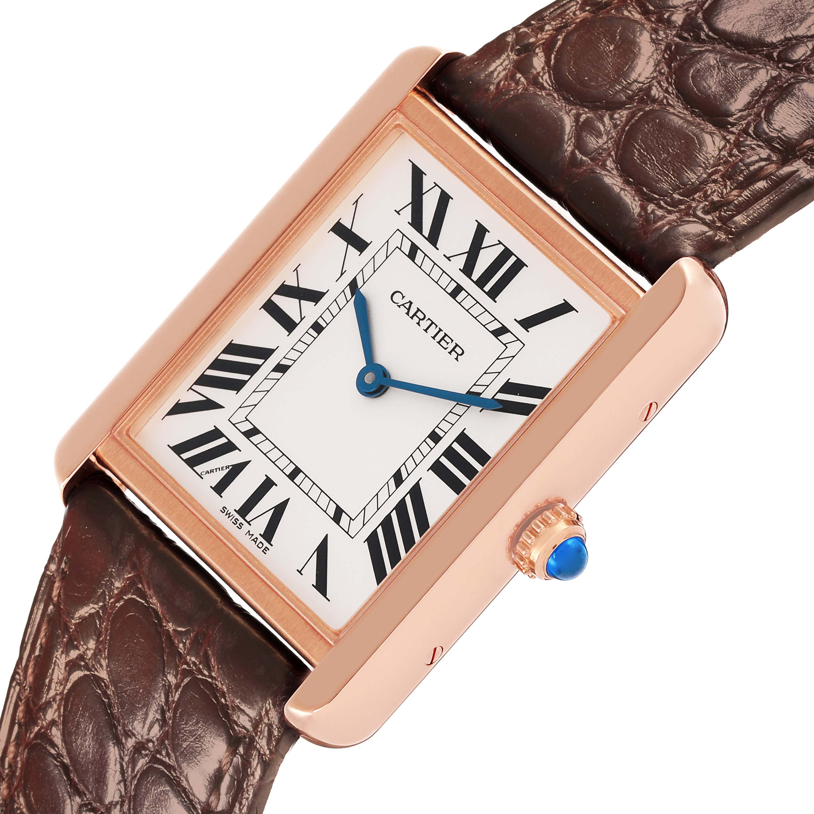 The Cartier Tank Solo W5200025 Men
s Steel and Gold (two tone) Silver Dial W5200025 Men
s Steel and Gold (two tone) Silver Dial watch is shown at an angle highlighting the rectangular face, Roman numerals, crown, and leather strap.