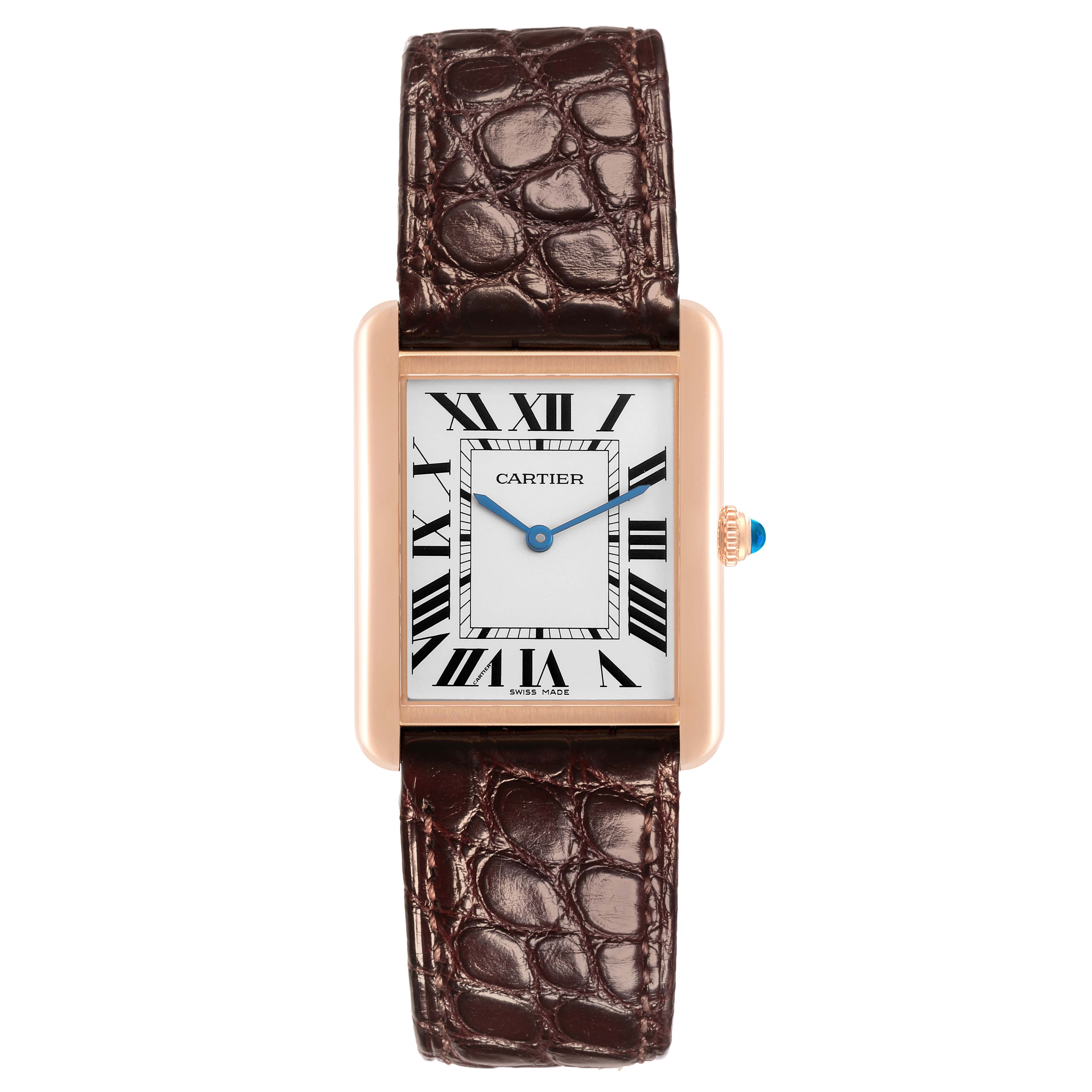 The Cartier Tank Solo W5200025 Men
s Steel and Gold (two tone) Silver Dial W5200025 Men
s Steel and Gold (two tone) Silver Dial watch is shown from the front, highlighting its rectangular face, Roman numerals, and leather strap.