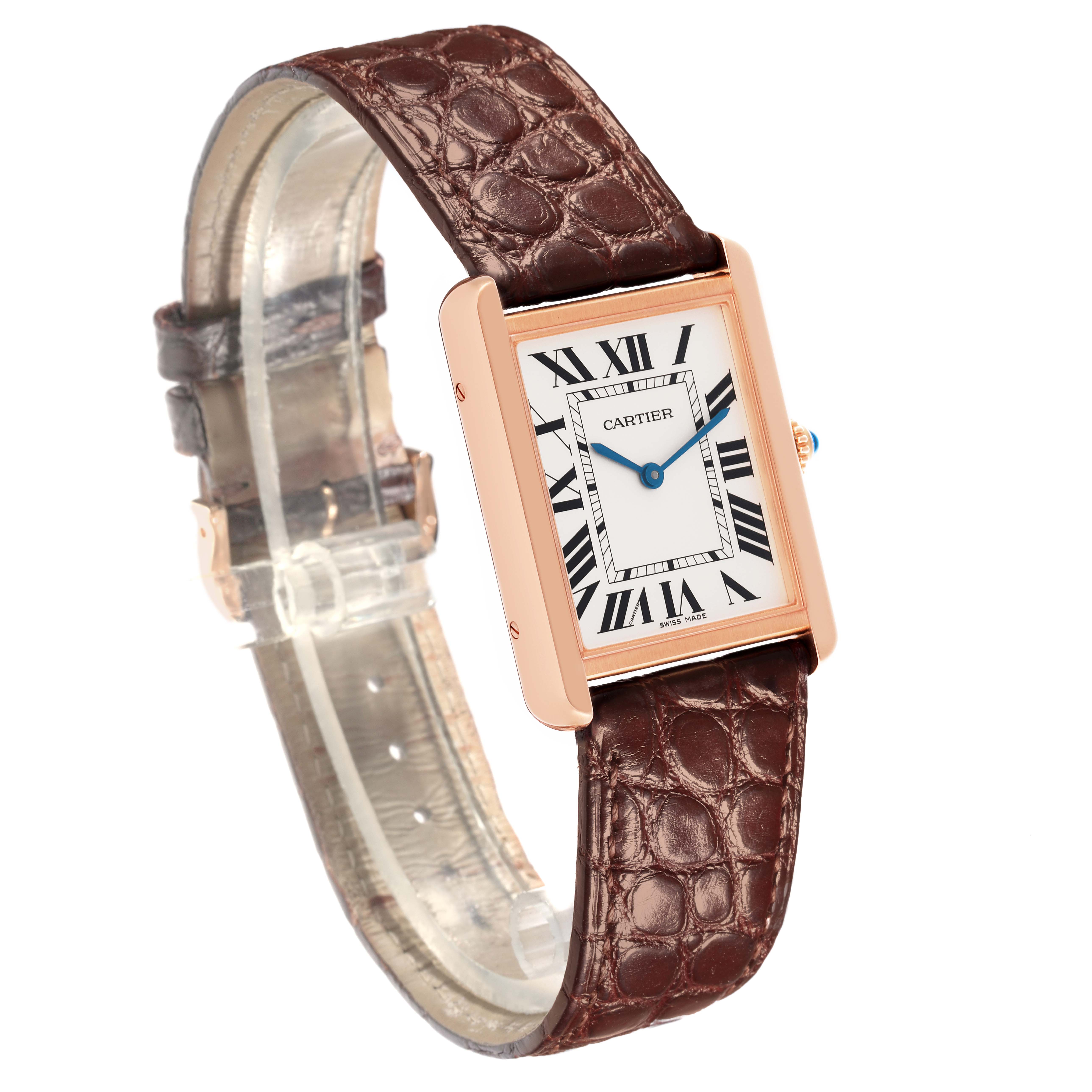 The Cartier Tank Solo W5200025 Men
s Steel and Gold (two tone) Silver Dial W5200025 Men
s Steel and Gold (two tone) Silver Dial watch is shown from a side angle highlighting the face, case, strap, and crown.