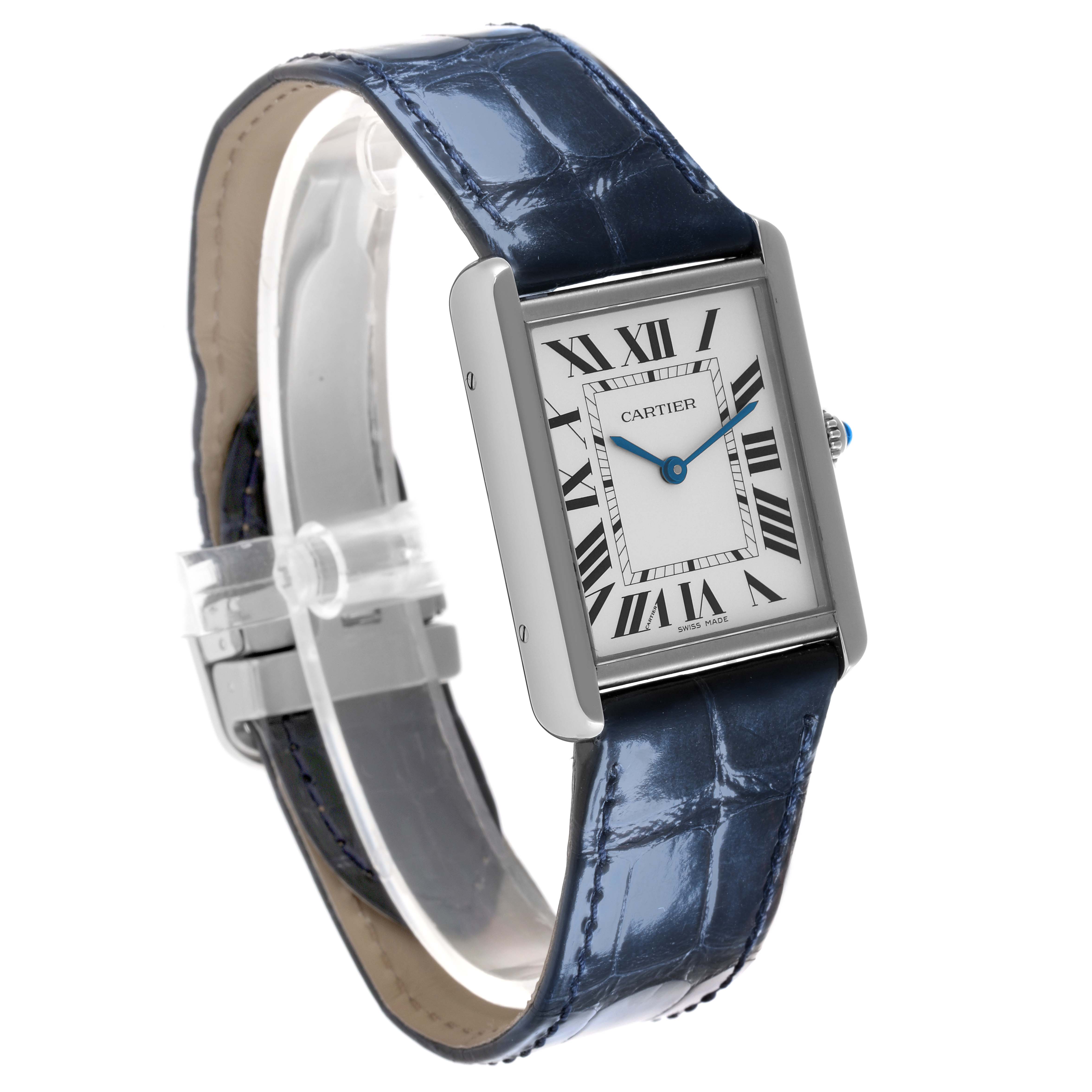 The Cartier Tank Solo WSTA0028 Men
s Stainless Steel Silver Dial WSTA0028 Men
s Stainless Steel Silver Dial watch is shown at an angled side view, displaying its rectangular face, Roman numerals, and blue leather strap.