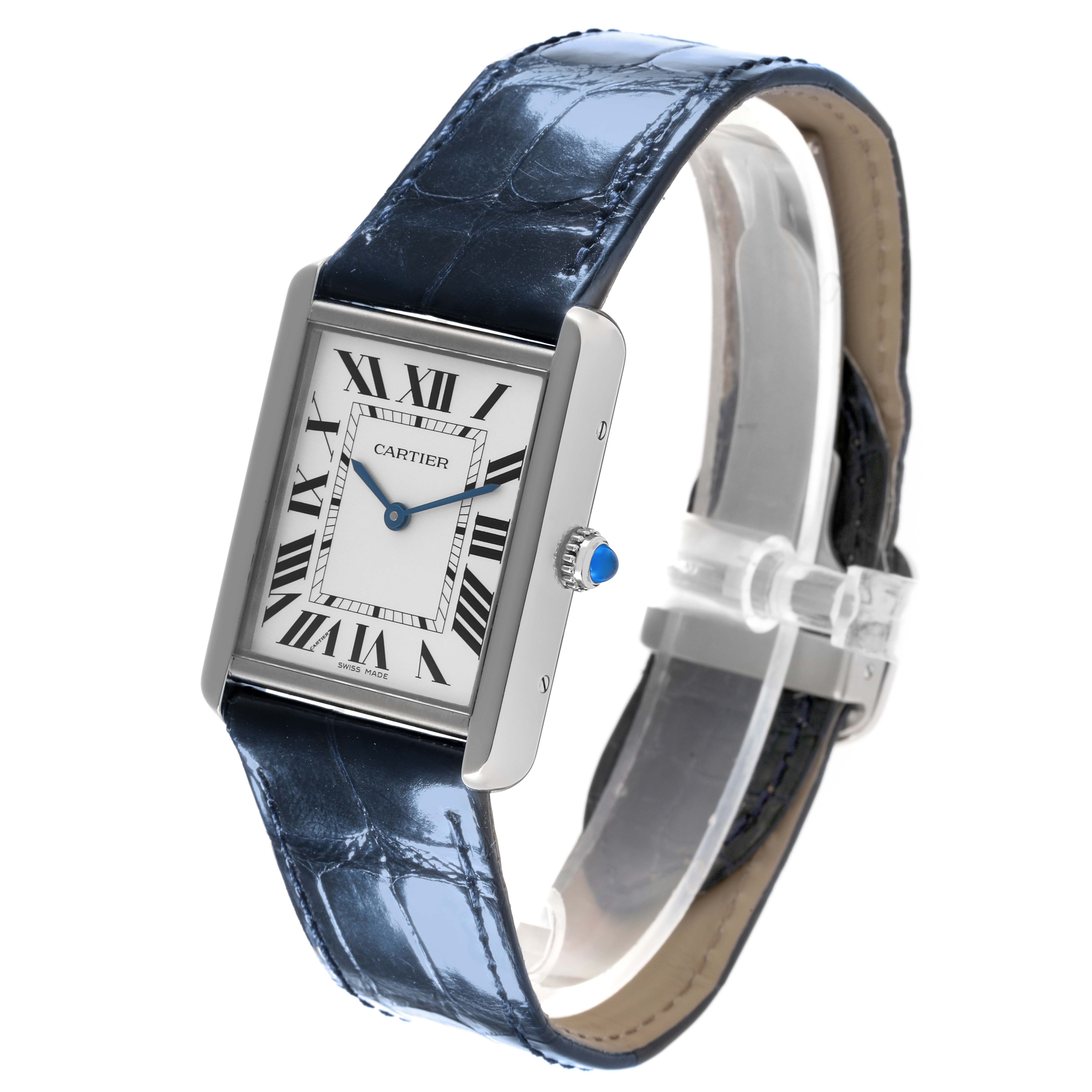 The Cartier Tank Solo WSTA0028 Men
s Stainless Steel Silver Dial WSTA0028 Men
s Stainless Steel Silver Dial watch is shown at a side angle, displaying its rectangular face, Roman numerals, and blue leather strap.