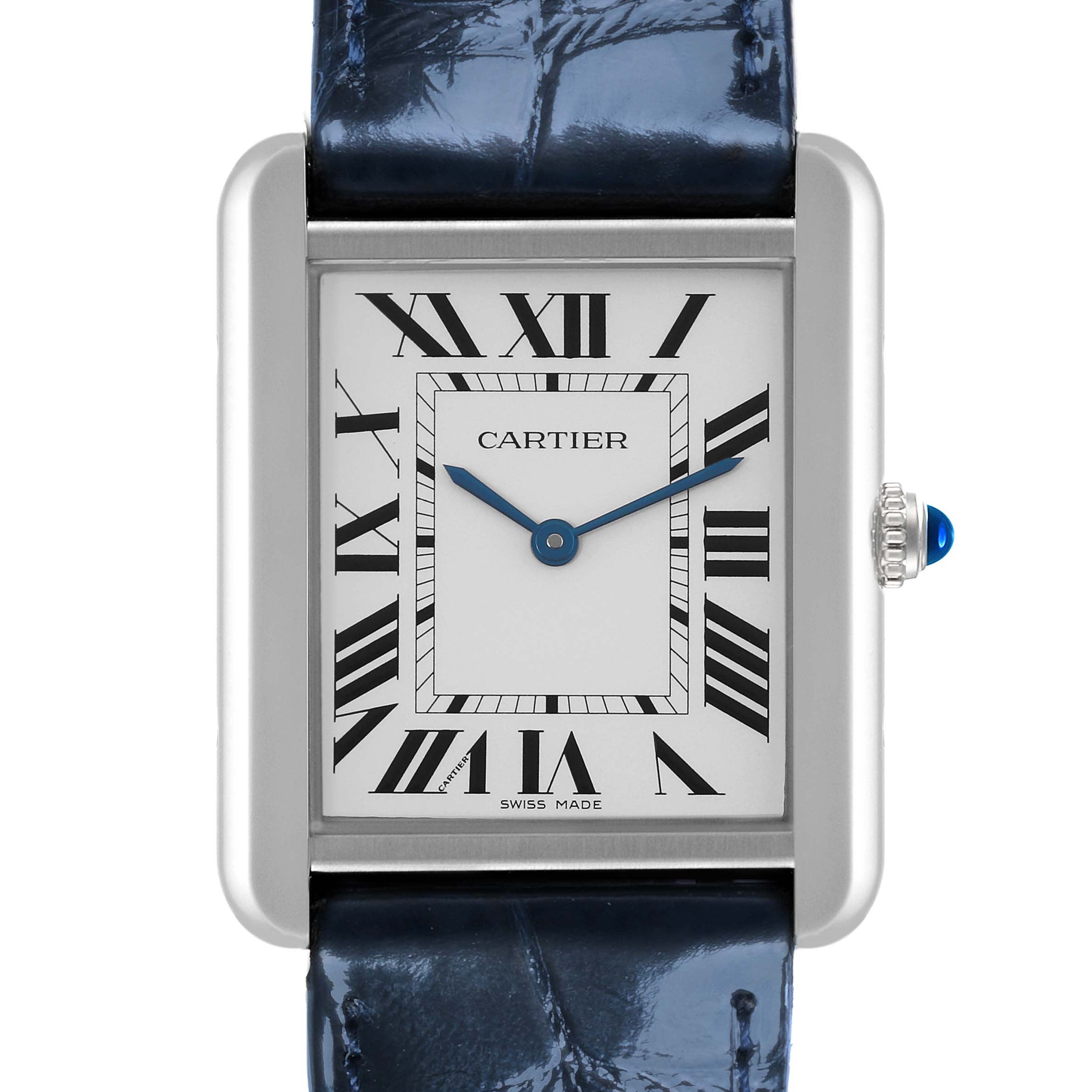 The Cartier Tank Solo WSTA0028 Men
s Stainless Steel Silver Dial WSTA0028 Men
s Stainless Steel Silver Dial watch is shown from the front, highlighting its rectangular dial, Roman numerals, and blue leather strap.