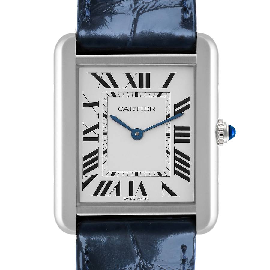 The Cartier Tank Solo watch is shown from the front, highlighting its rectangular dial, Roman numerals, and blue leather strap.