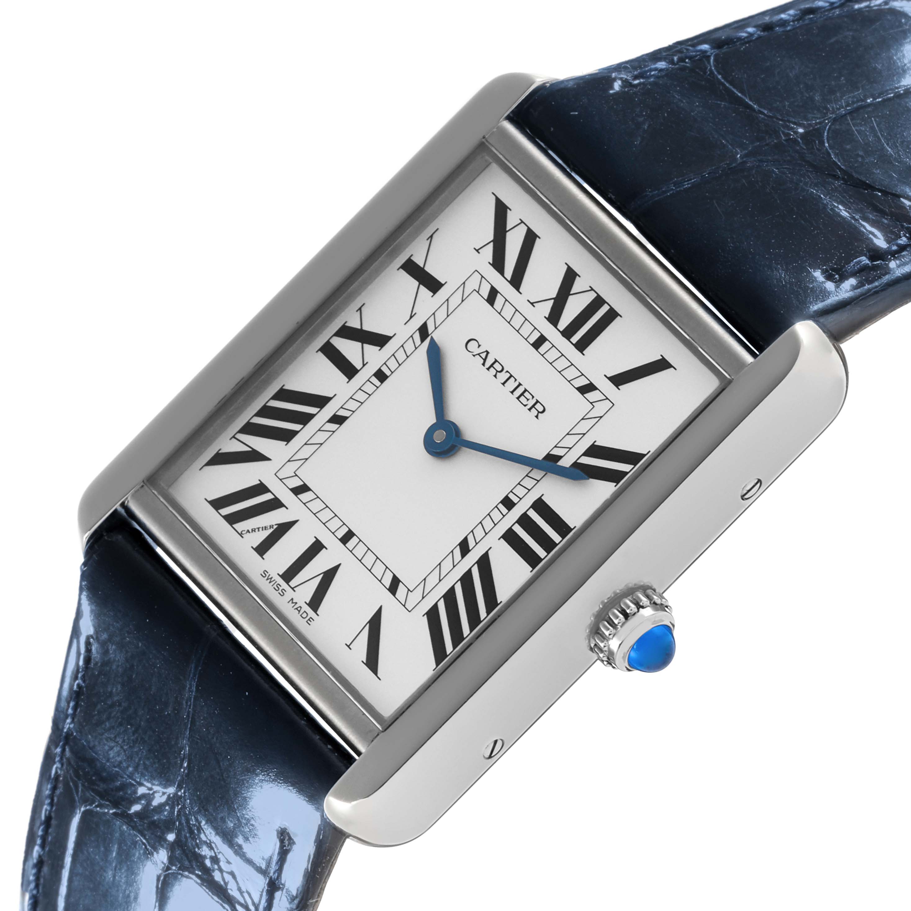 The Cartier Tank Solo WSTA0028 Men
s Stainless Steel Silver Dial WSTA0028 Men
s Stainless Steel Silver Dial watch is shown at an angled view, highlighting the bezel, dial with Roman numerals, and the side crown with a blue cabochon.