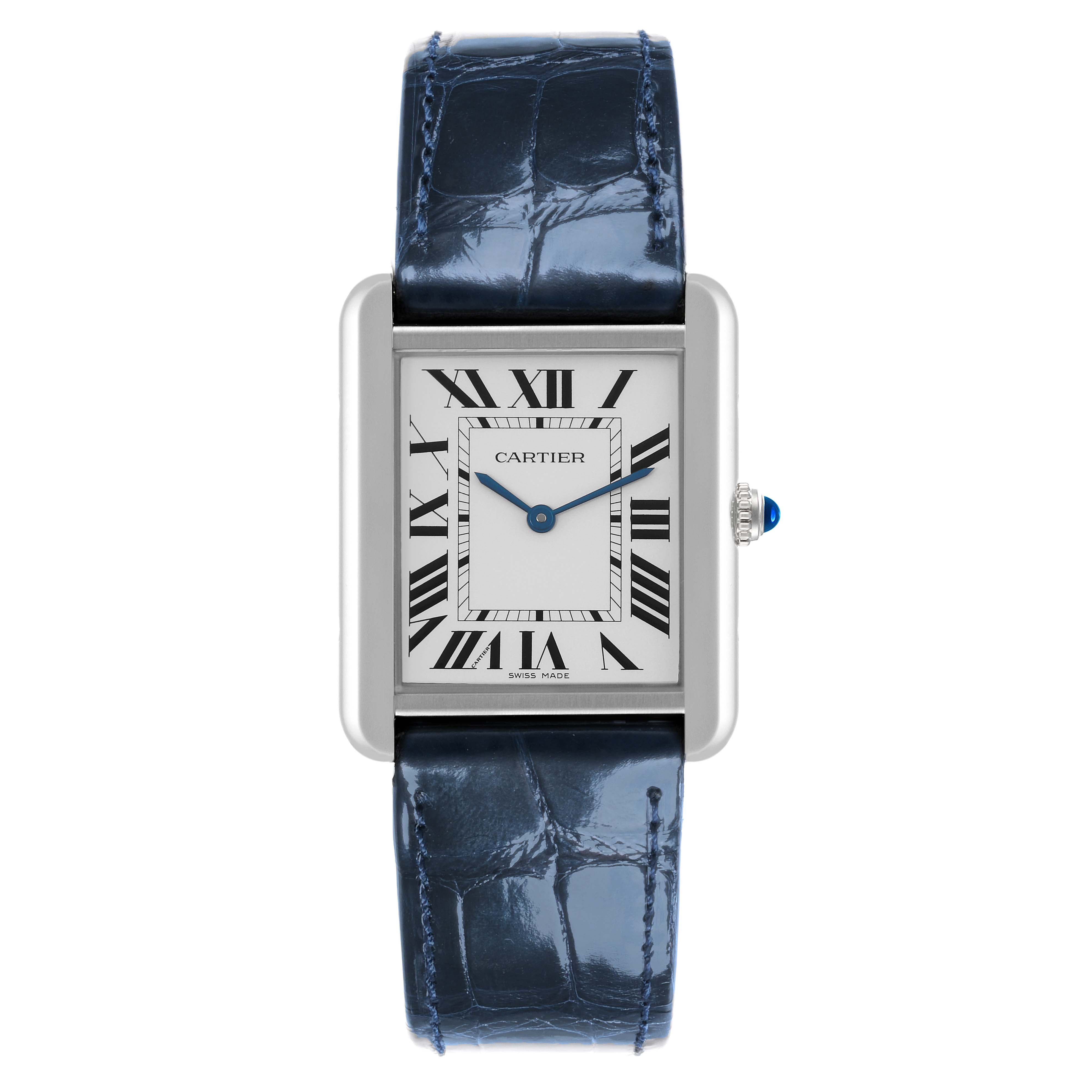 The image shows a front view of the Cartier Tank Solo WSTA0028 Men
s Stainless Steel Silver Dial WSTA0028 Men
s Stainless Steel Silver Dial watch, displaying its rectangular face, Roman numerals, and blue strap.