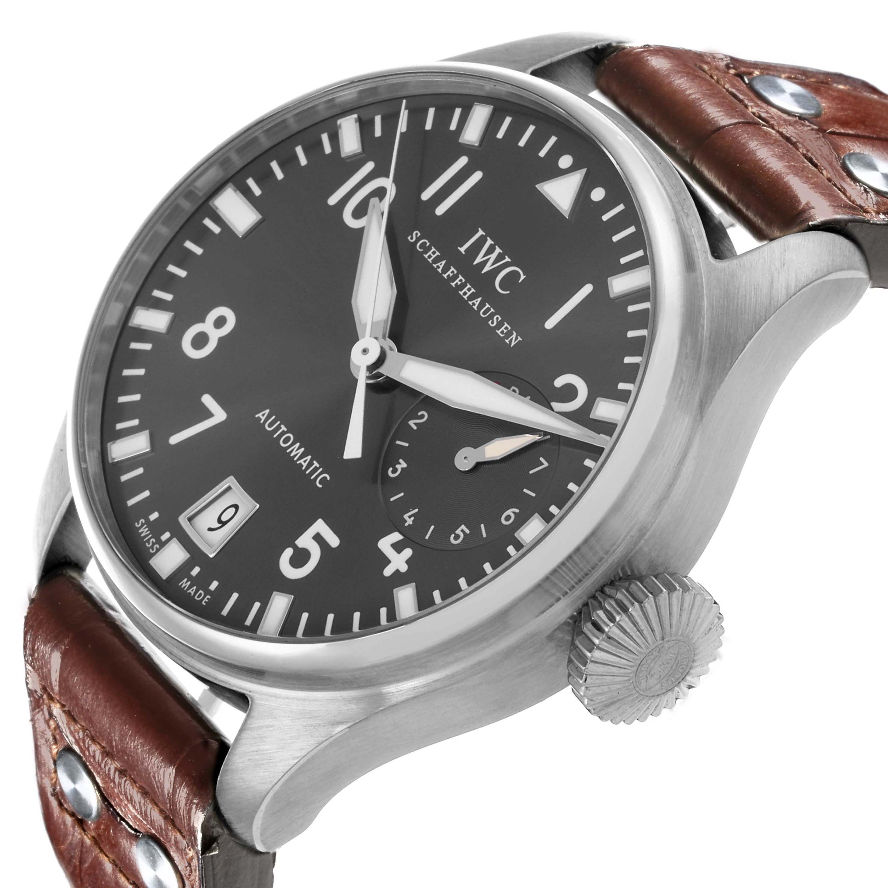 The IWC Pilot IW500402 Men's White Gold Grey Dial IW500402 Men's White Gold Grey Dial watch is shown at a side angle, displaying the dial, case, crown, and brown leather strap.