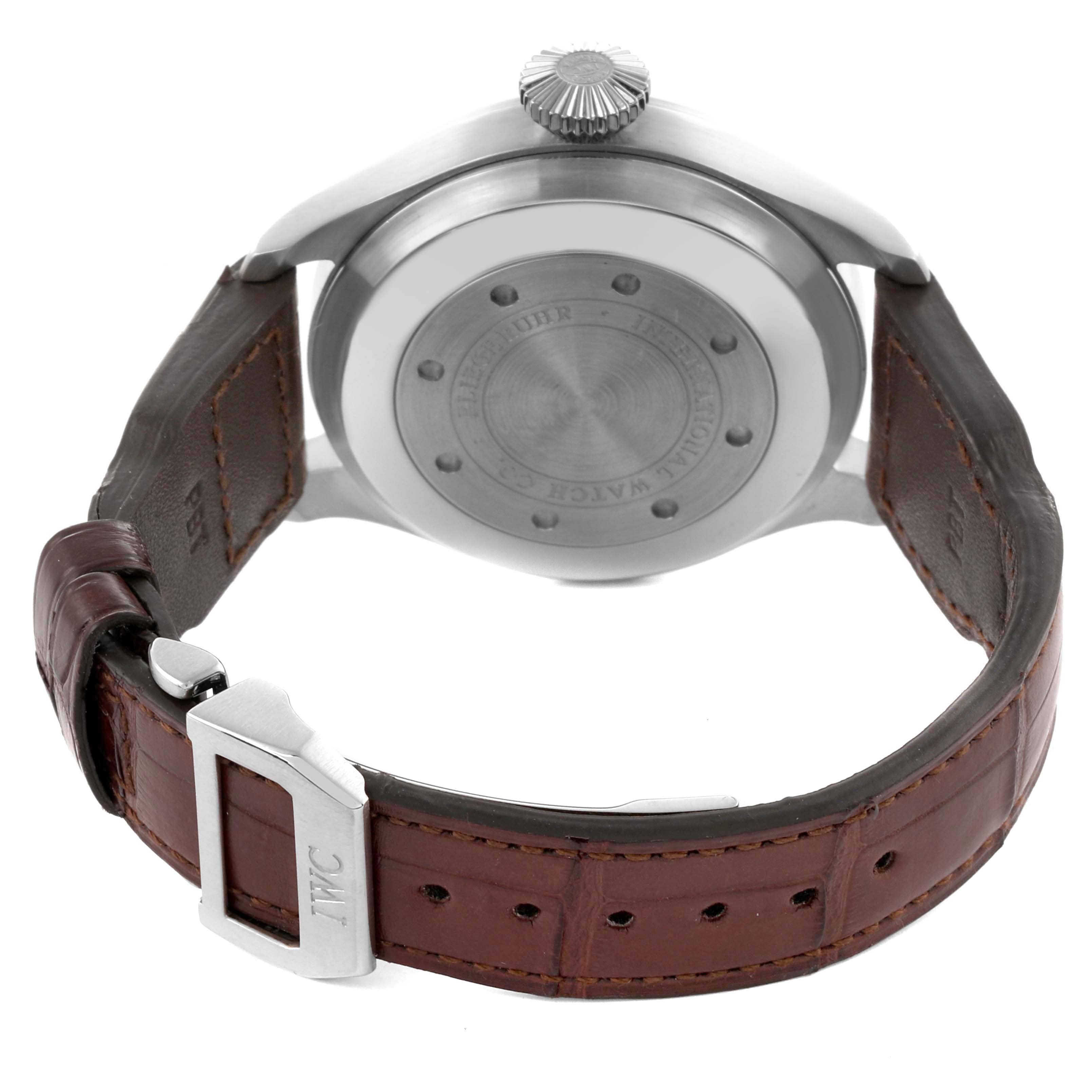 The image shows the back case and strap of an IWC Pilot IW500402 Men's White Gold Grey Dial IW500402 Men's White Gold Grey Dial model watch, including the deployment clasp.