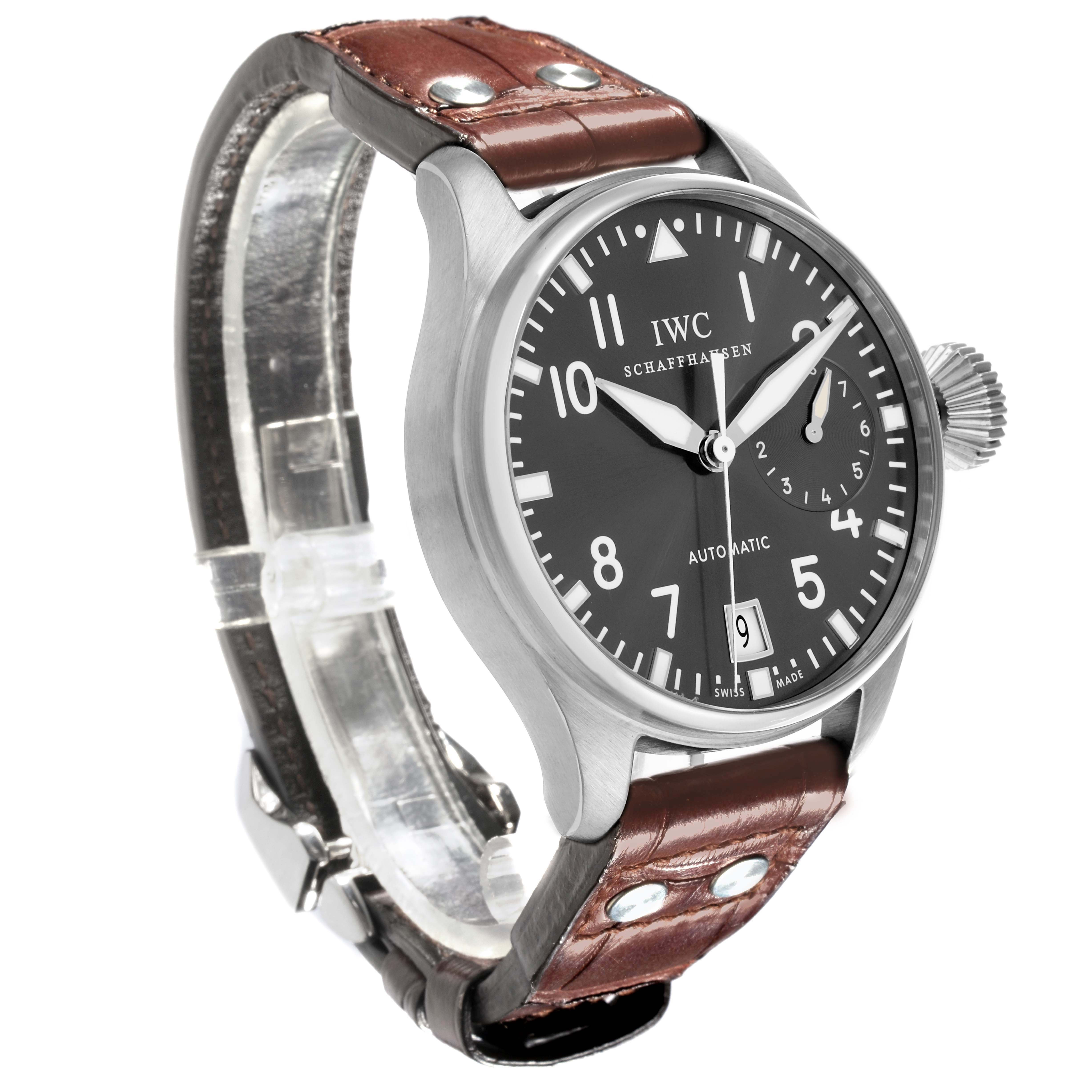 The IWC Pilot IW500402 Men's White Gold Grey Dial IW500402 Men's White Gold Grey Dial watch is shown at a three-quarter angle, highlighting the face, case, crown, and leather strap.