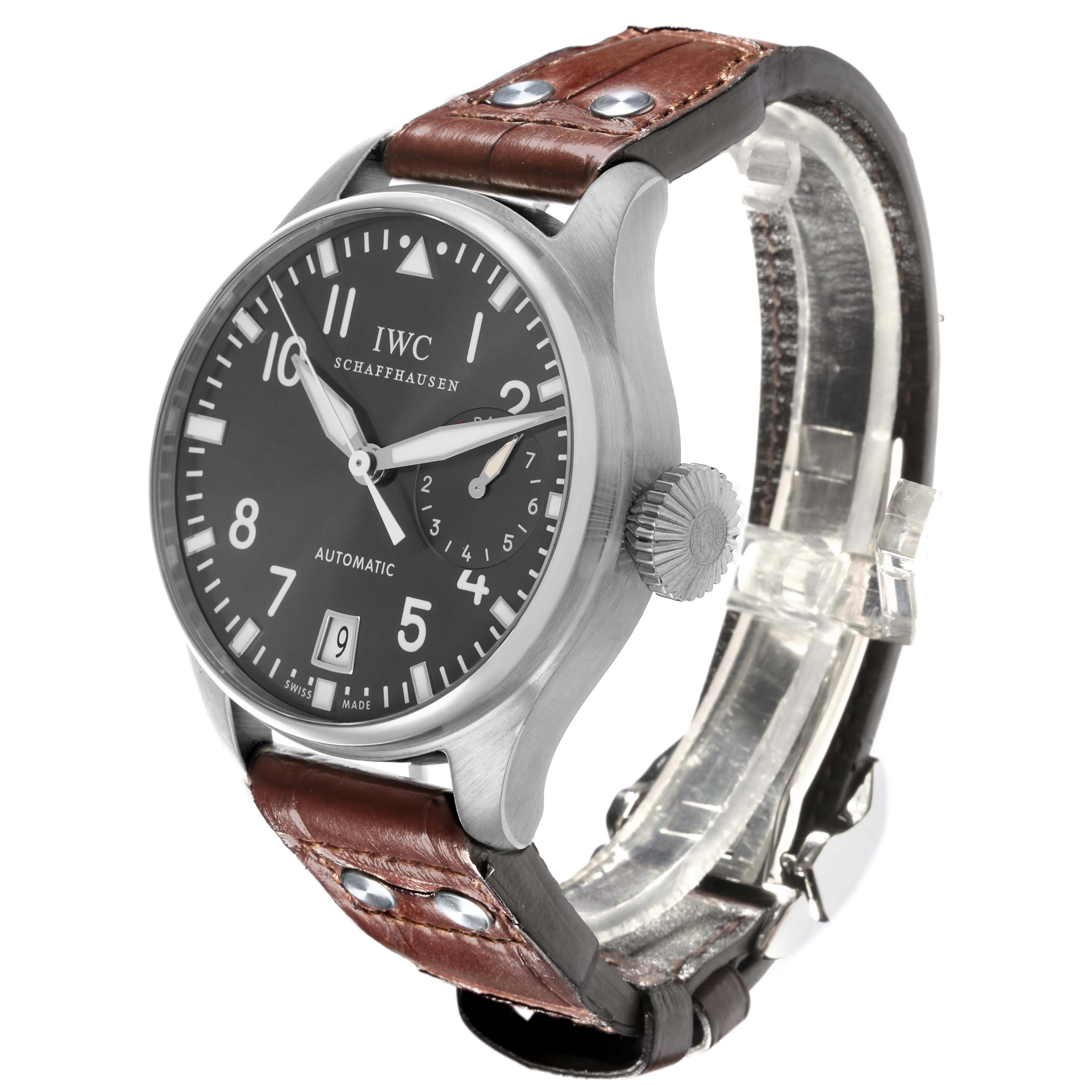 The IWC Pilot IW500402 Men's White Gold Grey Dial IW500402 Men's White Gold Grey Dial model watch is shown at a three-quarter angle, highlighting the face, crown, and brown leather strap.