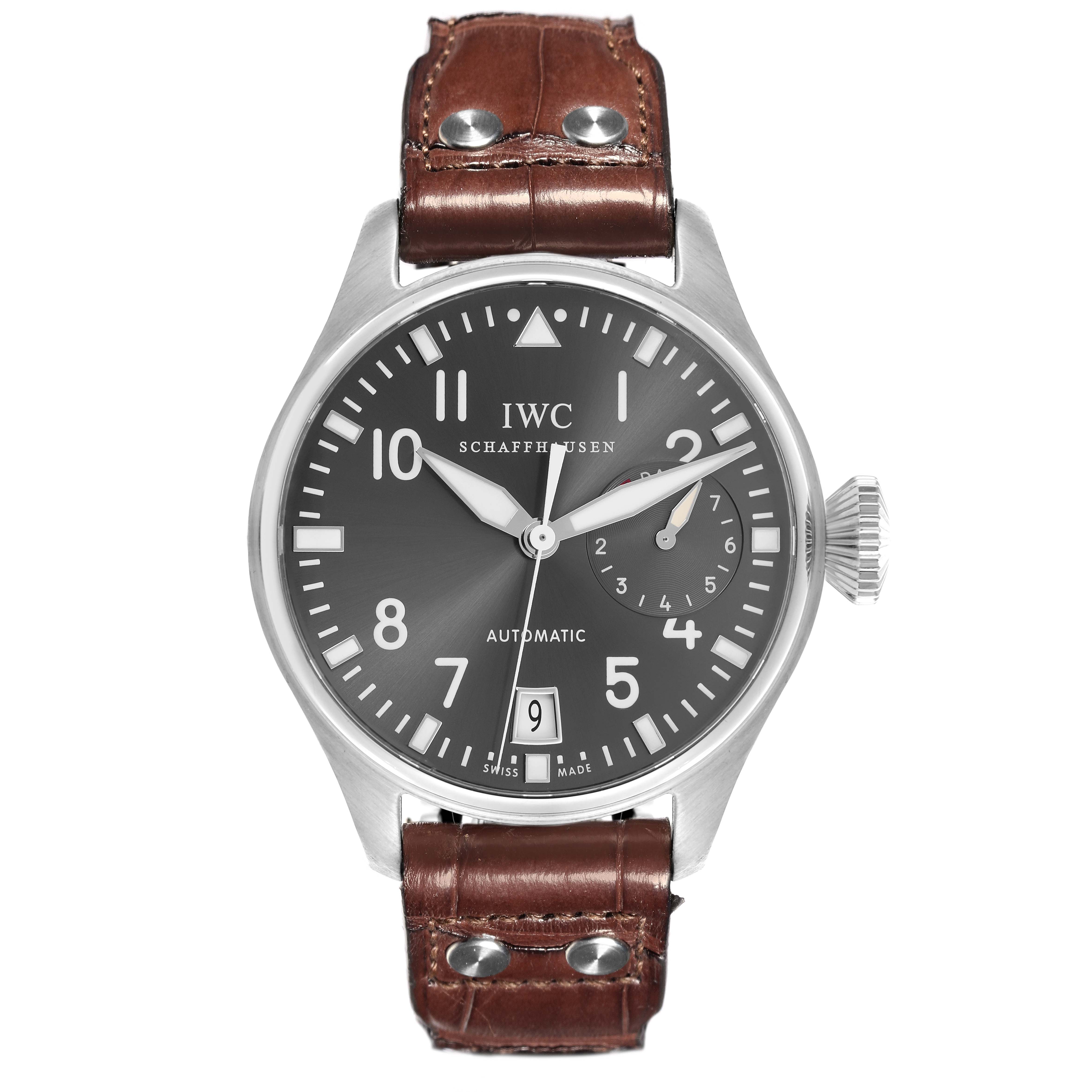 The IWC Pilot IW500402 Men's White Gold Grey Dial IW500402 Men's White Gold Grey Dial watch is shown from the front, highlighting the dial, hands, and brown leather strap.