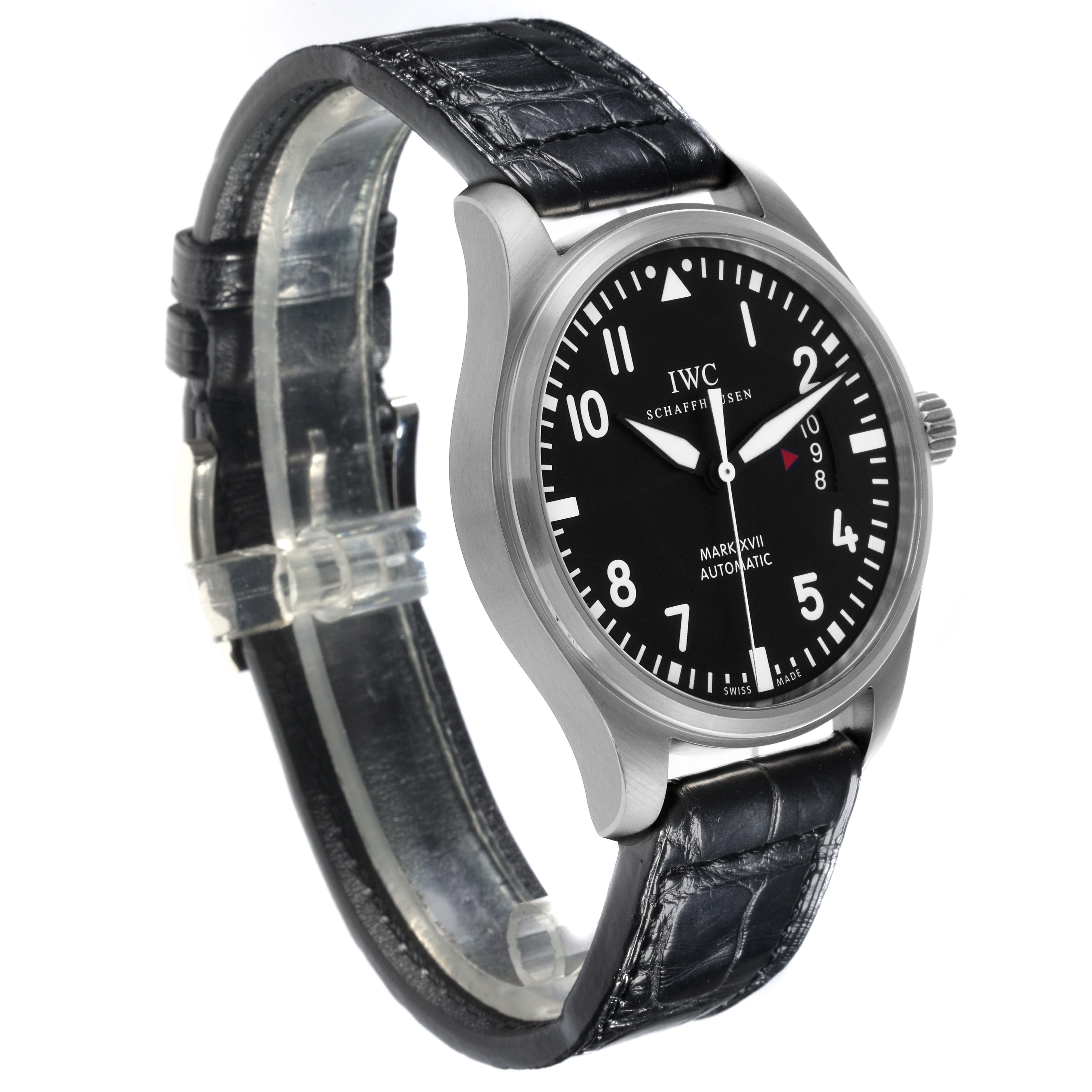The IWC Pilot IW326501 Men's Stainless Steel Black Dial IW326501 Men's Stainless Steel Black Dial model watch is shown at a three-quarter angle, displaying the face, bezel, and leather strap.