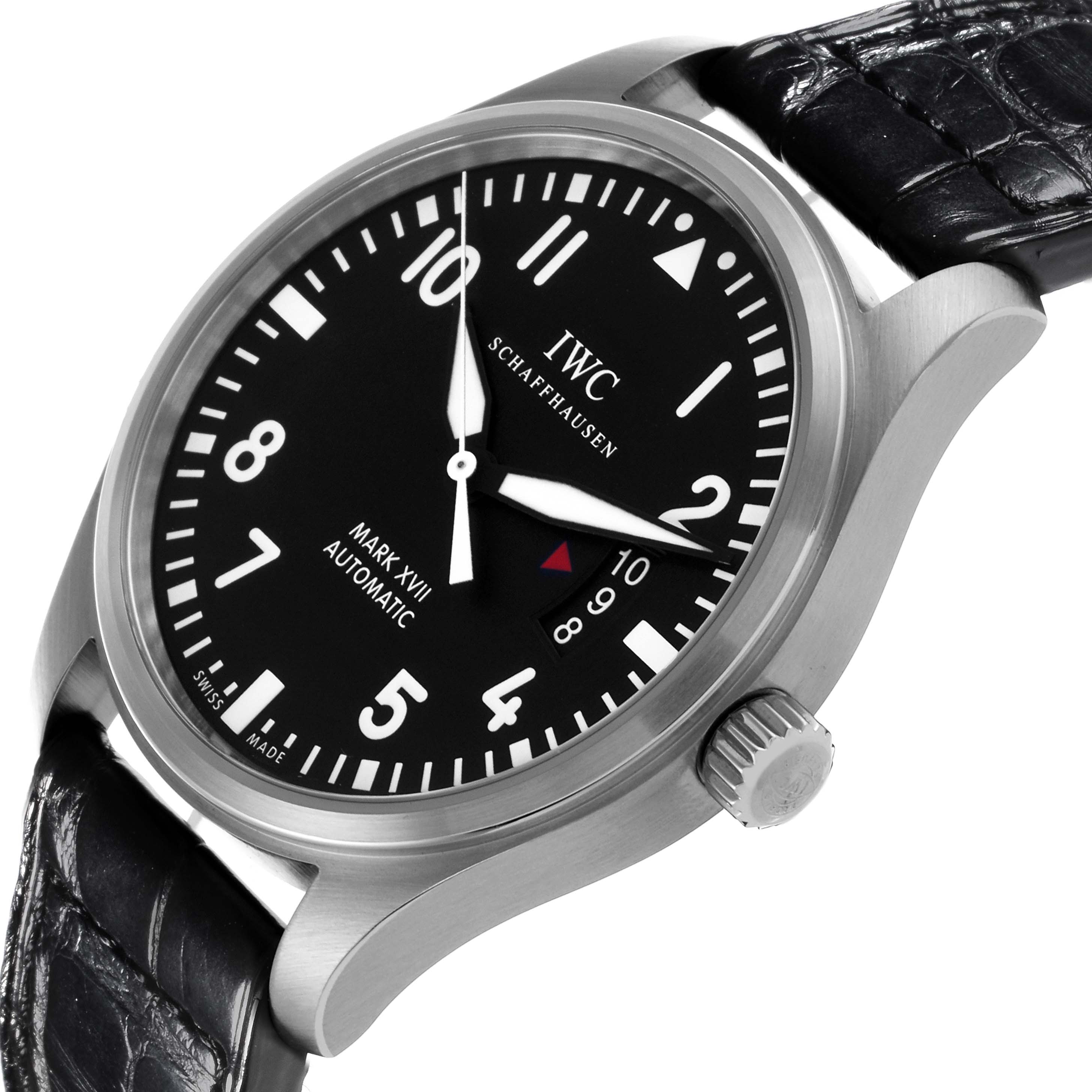 The image shows the IWC Pilot IW326501 Men's Stainless Steel Black Dial IW326501 Men's Stainless Steel Black Dial Mark XVII from a side angle highlighting the dial, crown, and strap attachment.