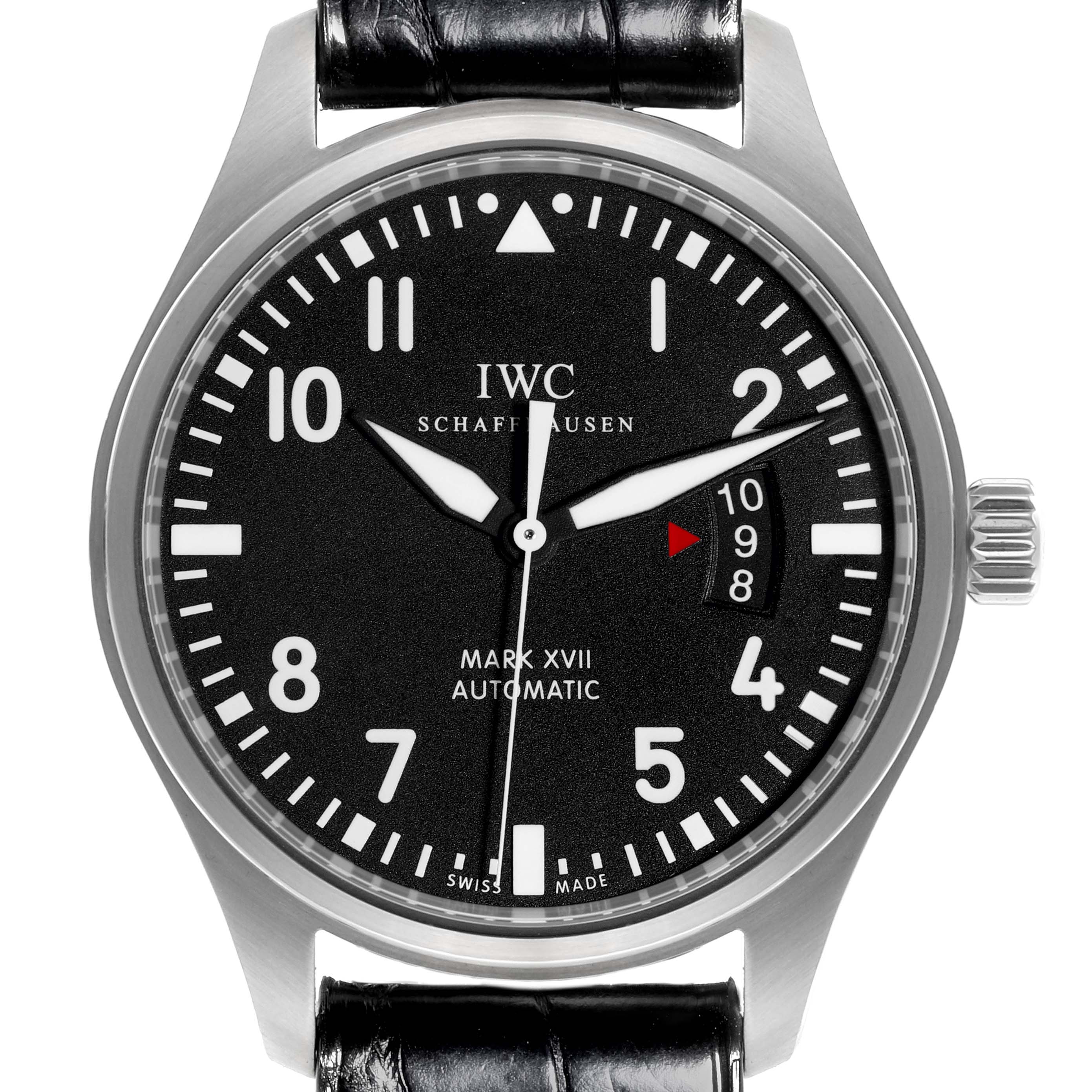 The IWC Pilot IW326501 Men's Stainless Steel Black Dial IW326501 Men's Stainless Steel Black Dial Mark XVII watch is shown from a front angle, displaying the case, dial, hands, numerals, and strap.