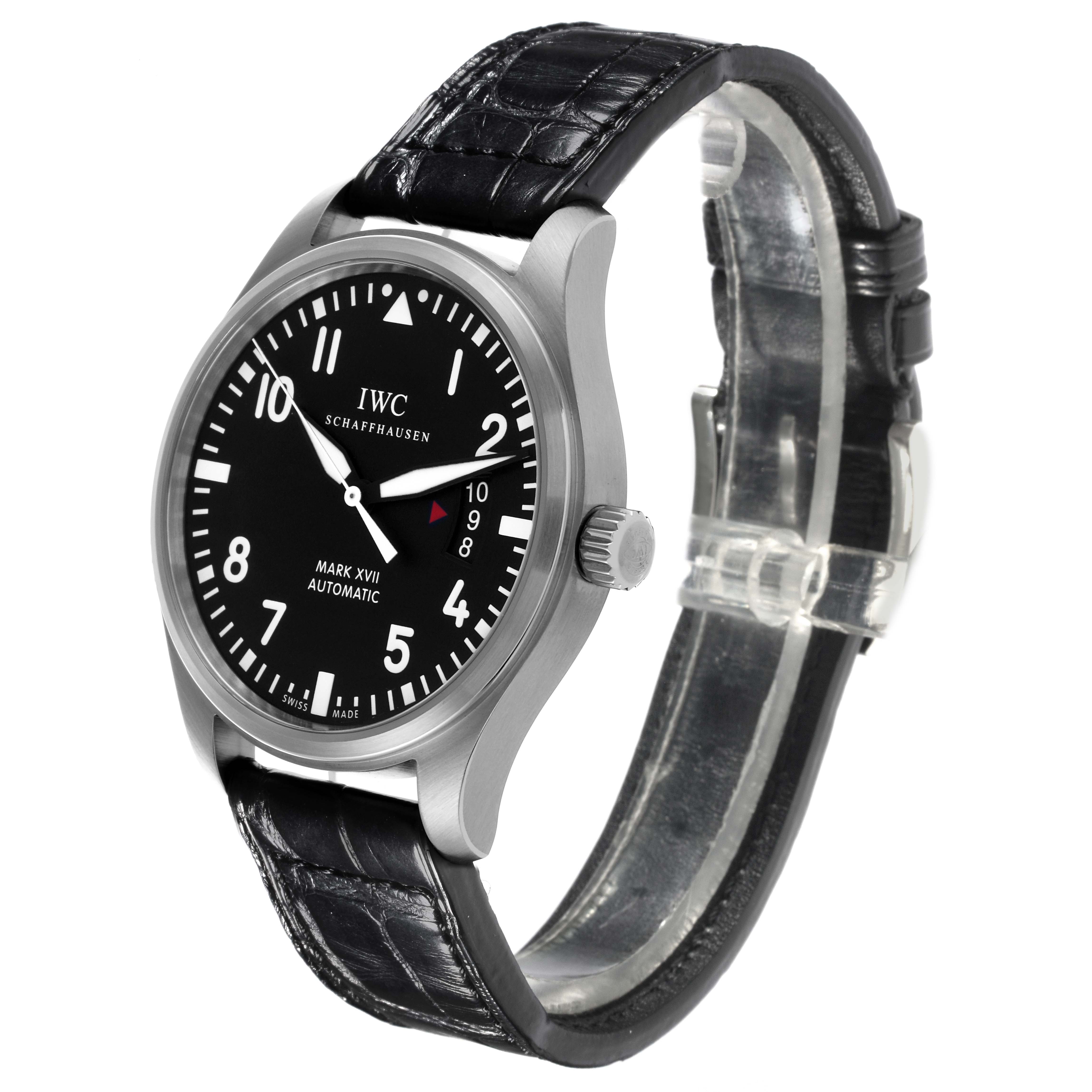 The IWC Pilot IW326501 Men's Stainless Steel Black Dial IW326501 Men's Stainless Steel Black Dial Mark XVIII watch is shown at a slight angle, displaying the face, strap, and crown.