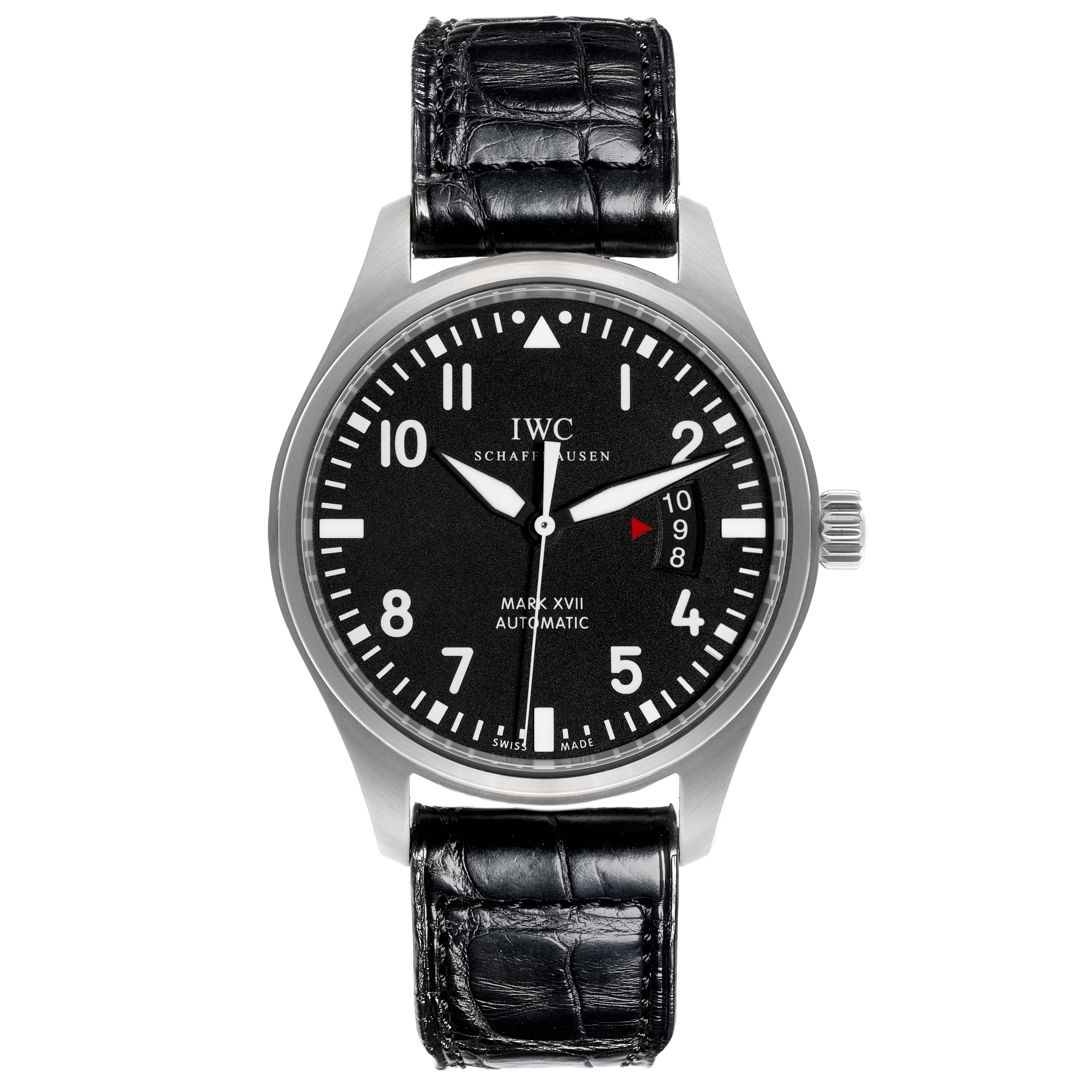 The IWC Pilot IW326501 Men's Stainless Steel Black Dial IW326501 Men's Stainless Steel Black Dial watch is shown from a front view, displaying the face, bezel, crown, and leather strap.