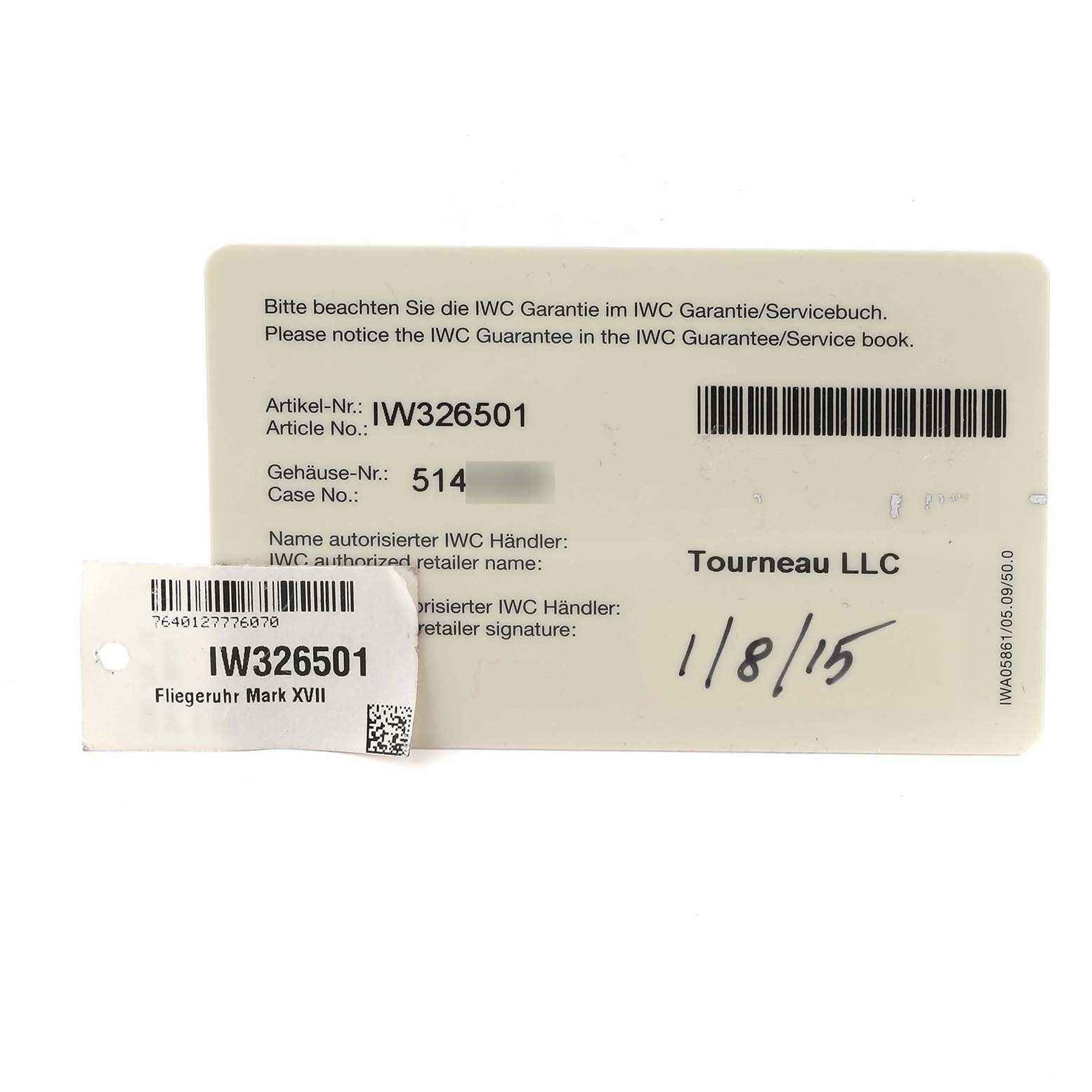 The image shows a warranty card and tag for the IWC Pilot IW326501 Men's Stainless Steel Black Dial IW326501 Men's Stainless Steel Black Dial model, focusing on the Article No. IW326501.