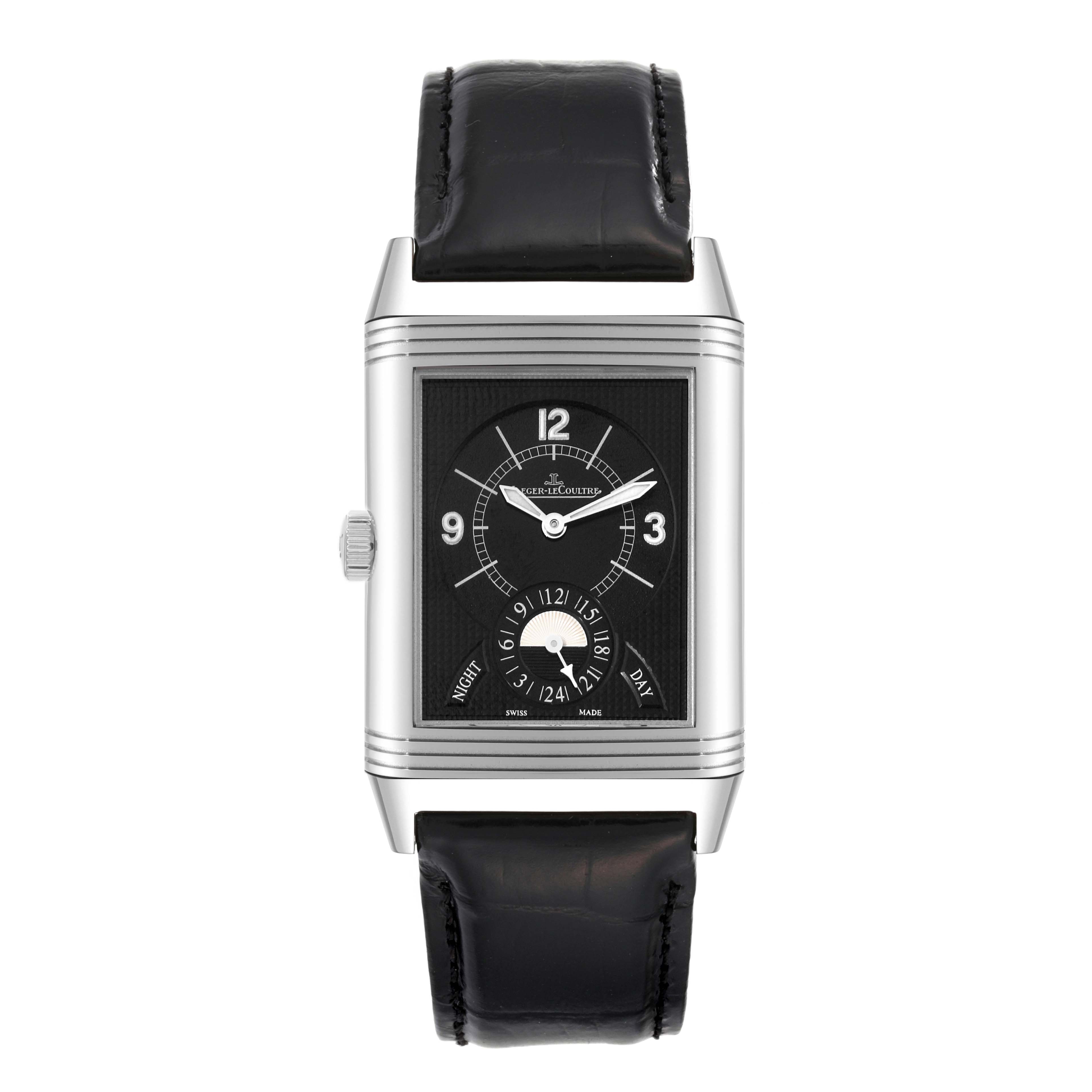 The image shows a frontal view of a Jaeger LeCoultre Reverso Q3748421 Men
s Stainless Steel Silver Dial Q3748421 Men
s Stainless Steel Silver Dial watch, displaying the dial and leather strap.