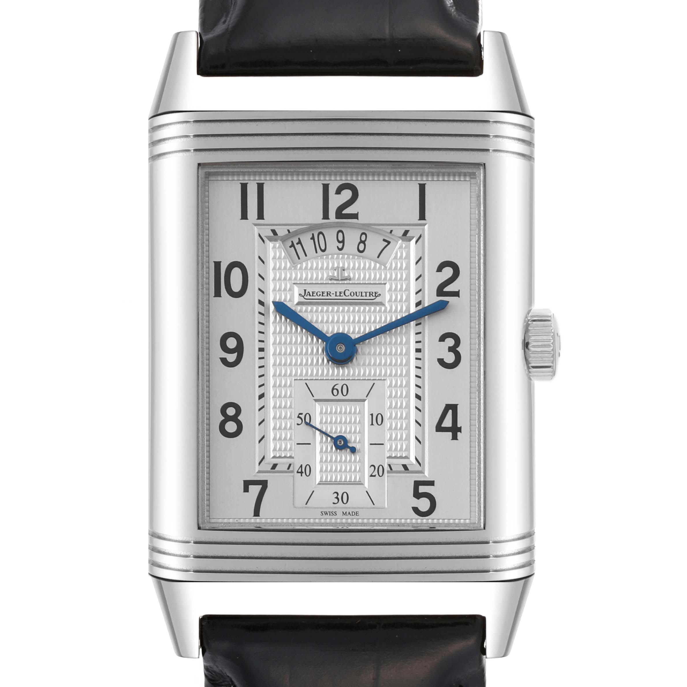 The image shows a frontal view of the Jaeger-LeCoultre Reverso watch, displaying the face and partial leather strap.