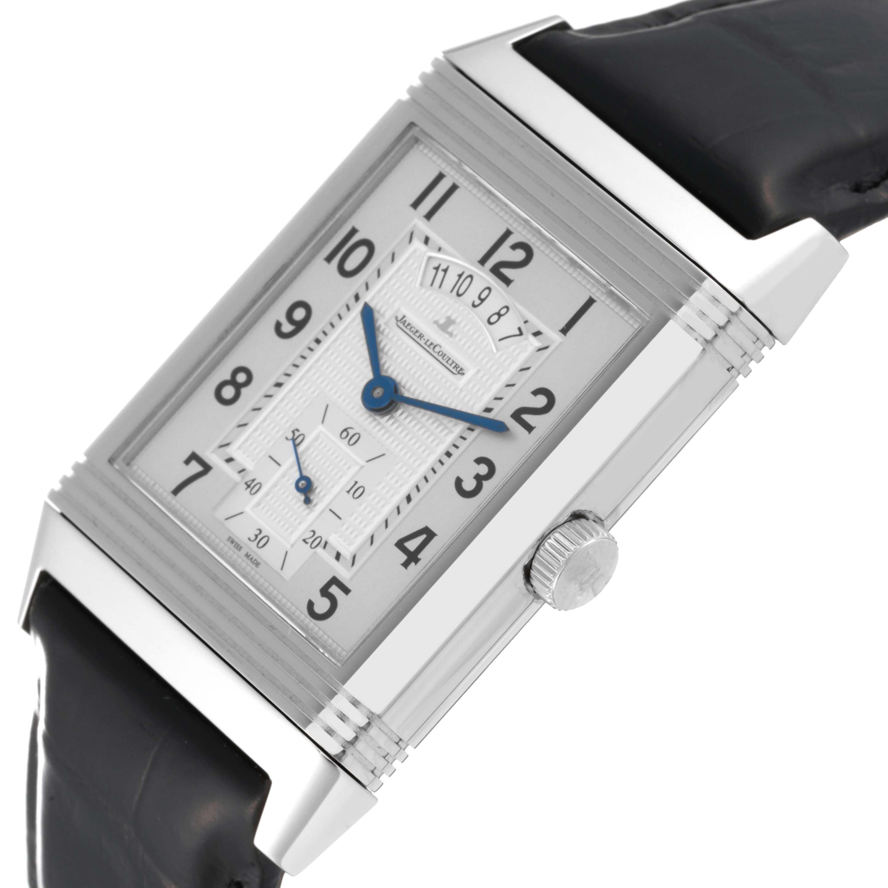 The image shows the face and crown of a Jaeger-LeCoultre Reverso watch at an angled side view.
