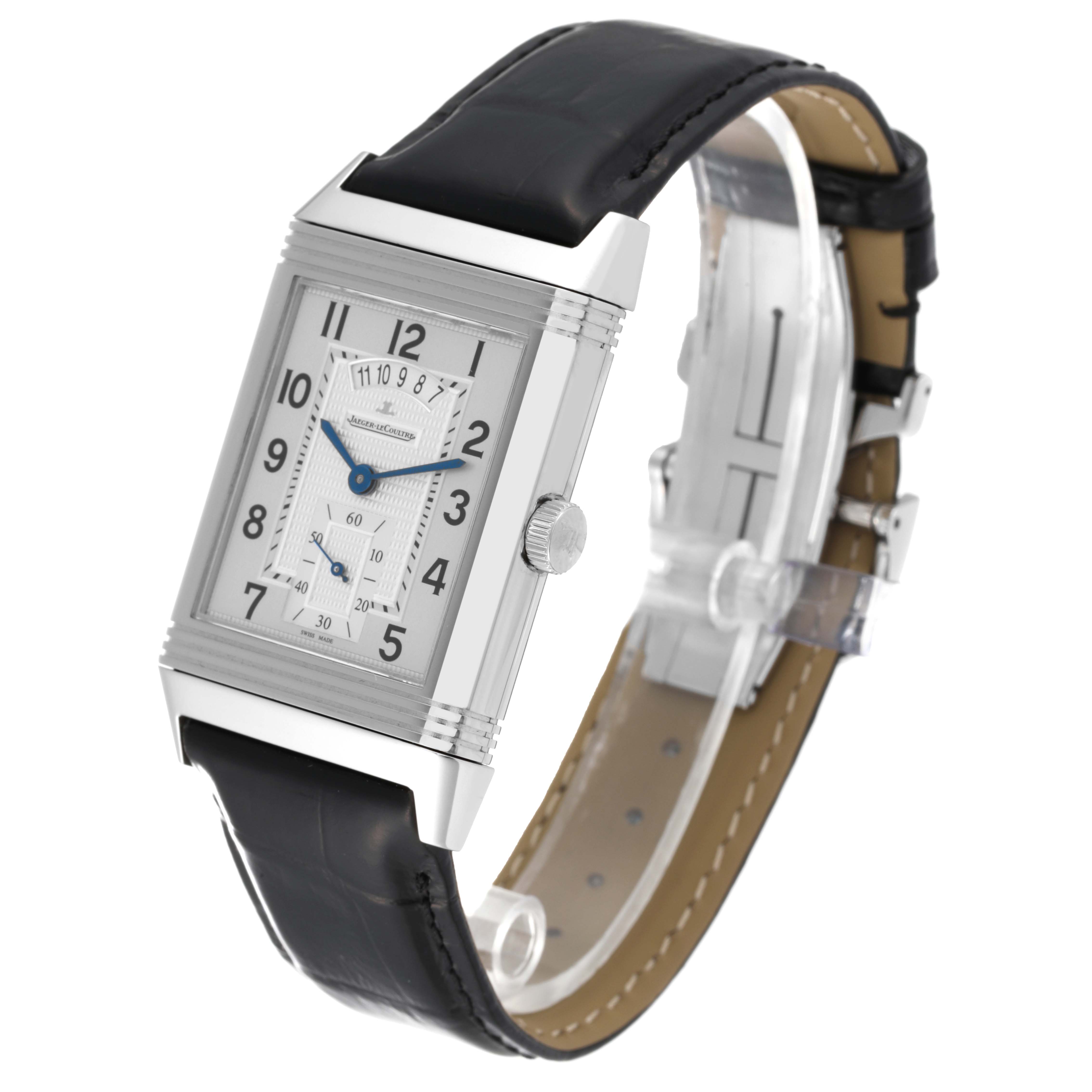 This image shows a Jaeger LeCoultre Reverso Q3748421 Men
s Stainless Steel Silver Dial Q3748421 Men
s Stainless Steel Silver Dial watch angled to display the face, side crown, and leather strap.